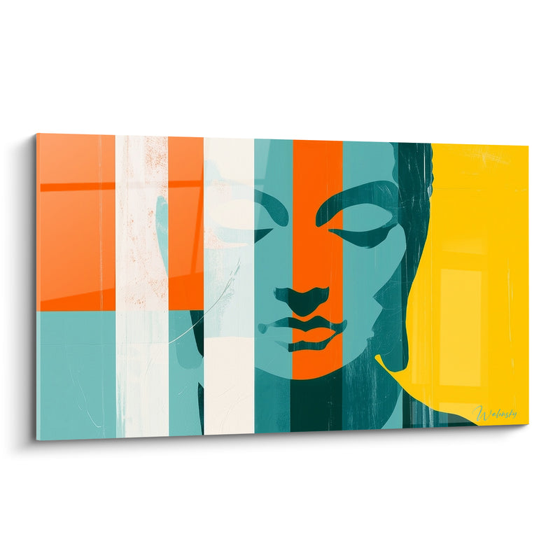 Tableau Visage turquoise et orange aux bandes verticales franches - Aplat jaune éclatant - Edition Bouddha