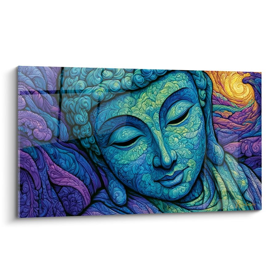 Tableau Visage bleu et violet aux volutes dorées - Éveil intérieur doré - Edition Bouddha