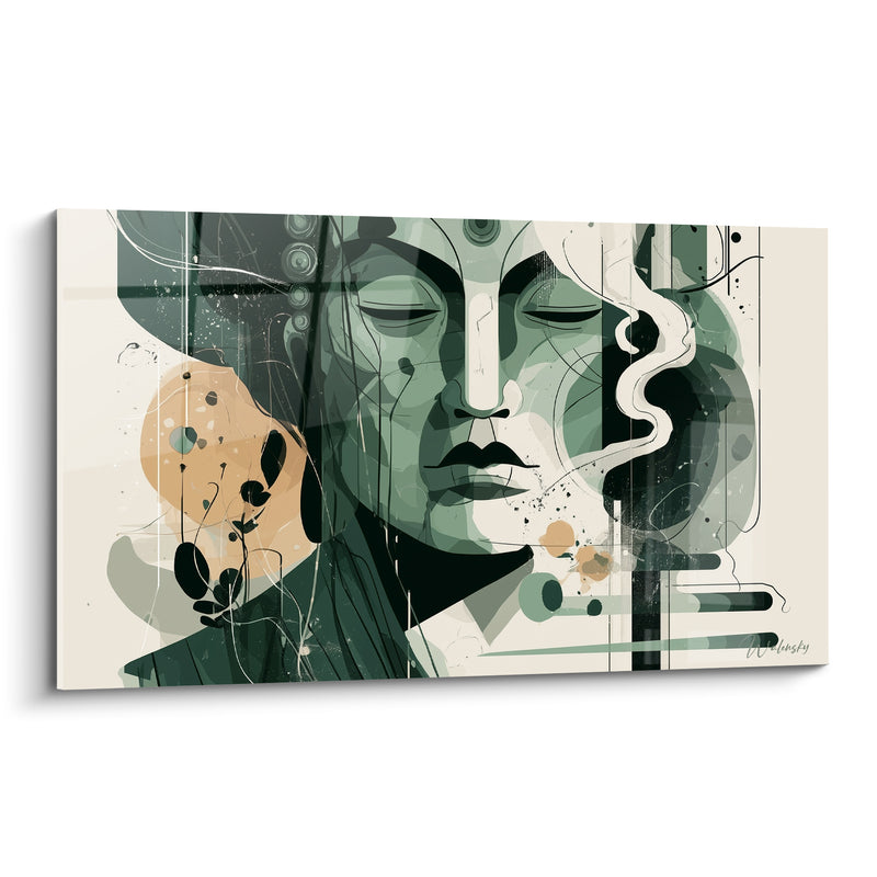 Tableau Visage vert et beige aux volutes filiformes - Cercle solaire abricot - Edition Bouddha