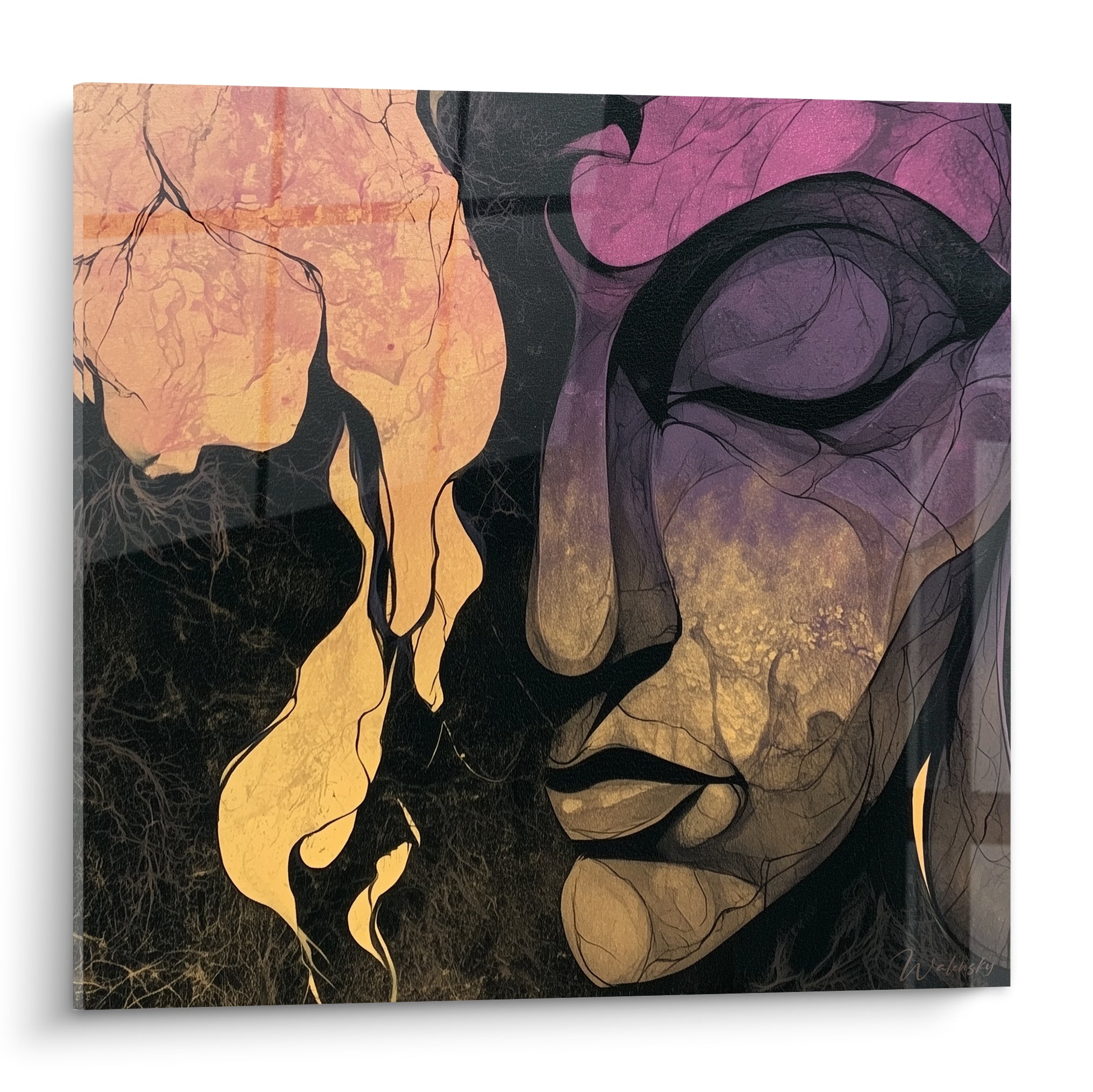 Visage de Bouddha violet et doré aux yeux clos, craquelures fauves et rose poudré sur fond noir