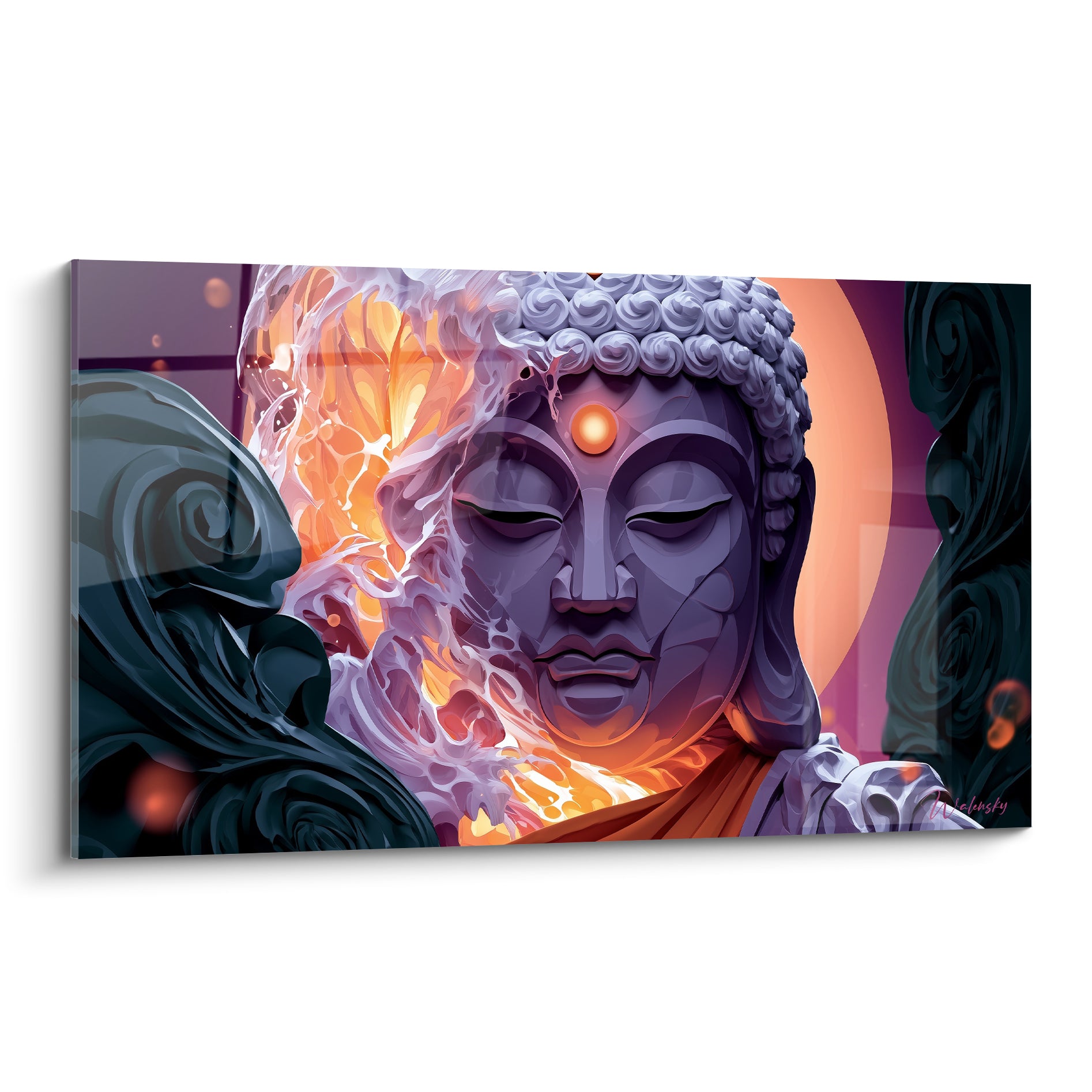 Bouddha violet au visage traversé de flammes orangées, halo rose en arrière-plan, style numérique détaillé