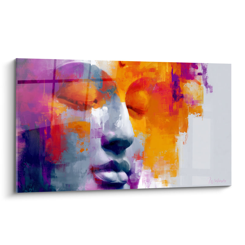 Tableau Visage violet et orange à la croix fine - Trame quadrillée superposée - Edition Bouddha