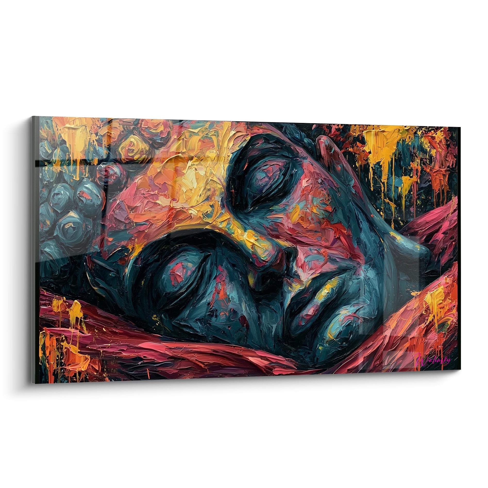 Bouddha aux visages fondus, empâtements bleu marine et doré, texture épaisse au couteau