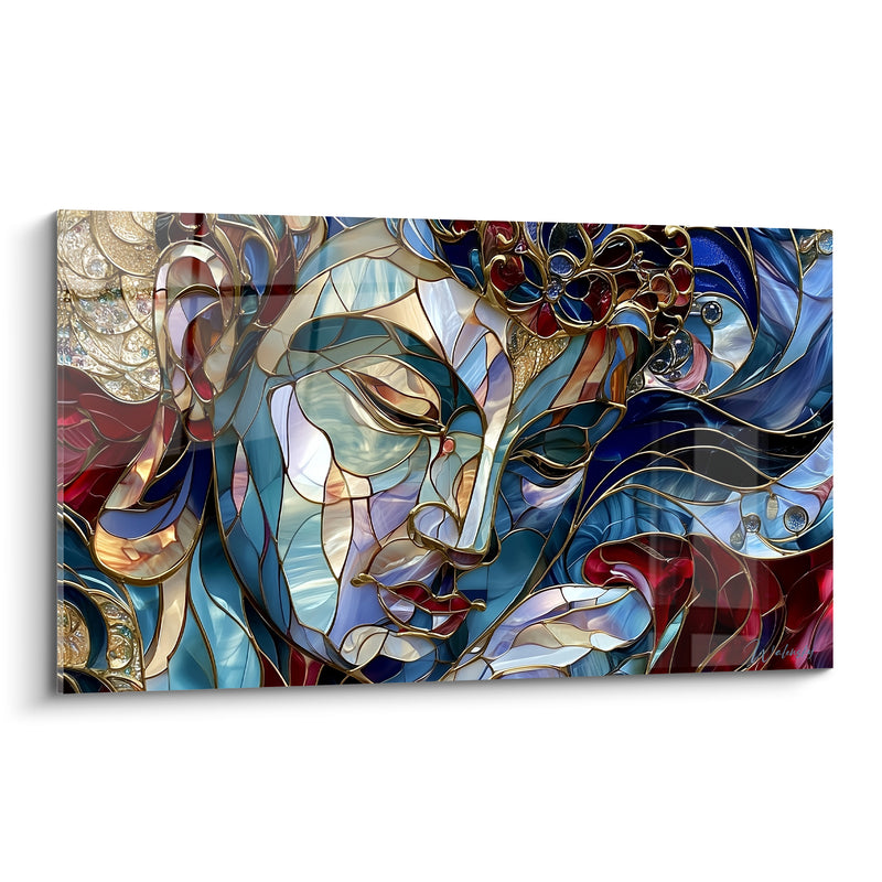 Tableau Visage bleu et rouge aux motifs vitraux - Fleur ornementale dorée - Edition Bouddha