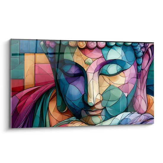 Bouddha aux yeux clos, facettes bleues et roses façon vitrail, visage serein et coloré