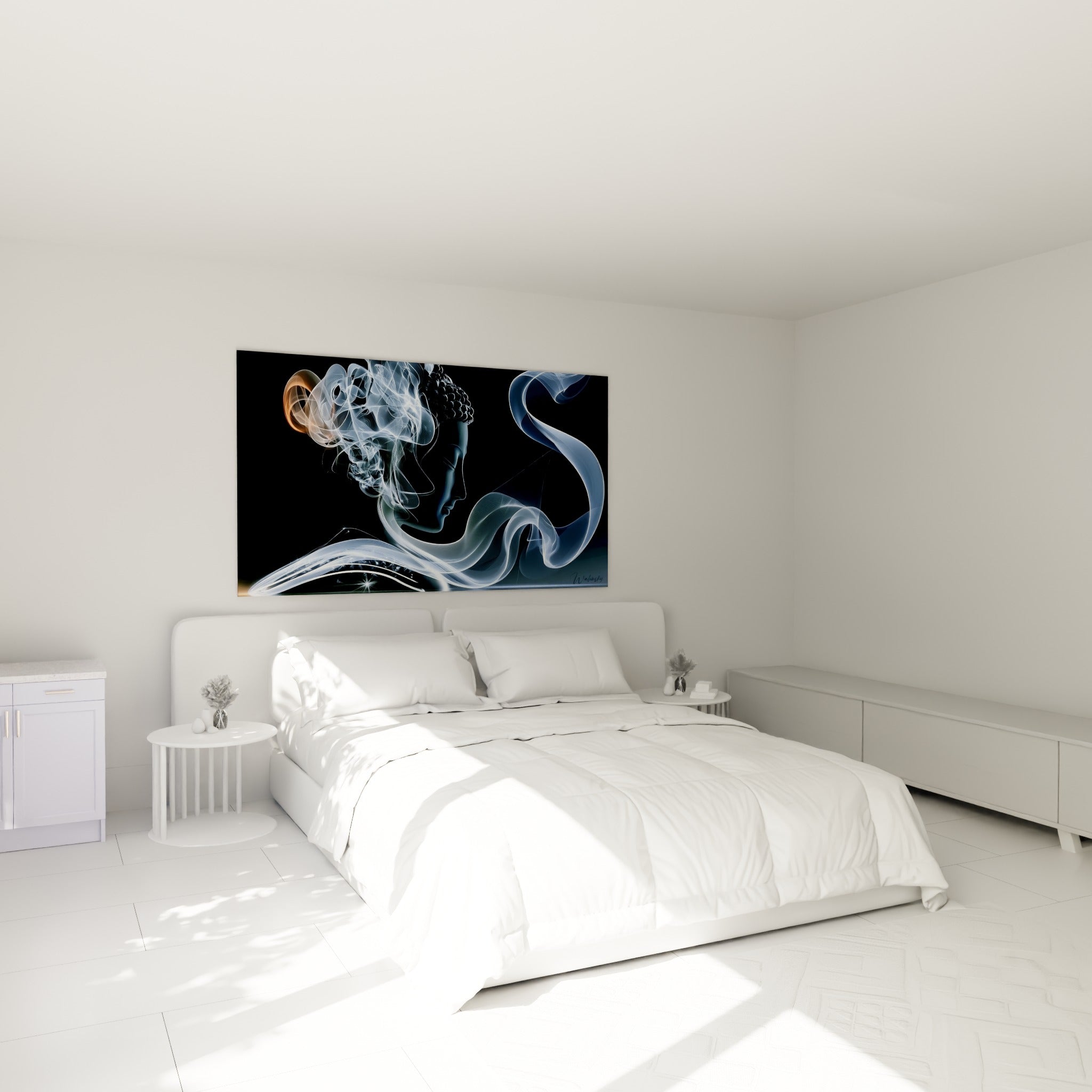 Silhouette de Bouddha bleu nuit et fumée argentée accrochée au-dessus d'un lit dans une chambre claire