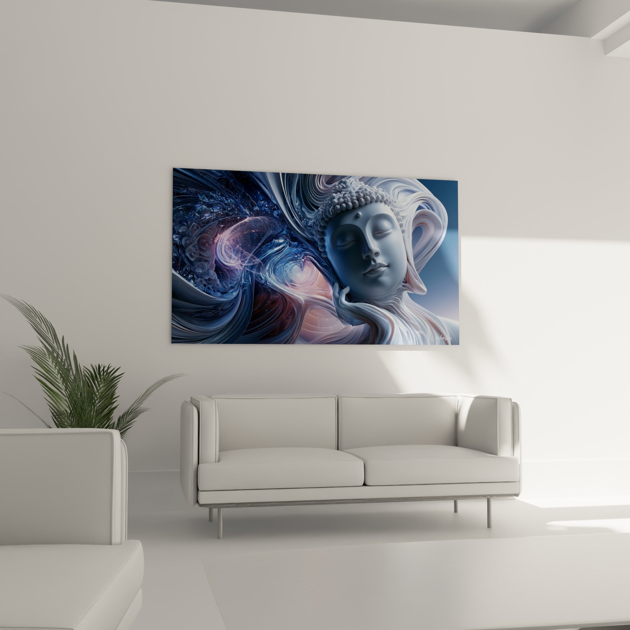 Visage apaisé du Bouddha entouré de spirales bleutées, au-dessus d'un canapé dans un salon lumineux