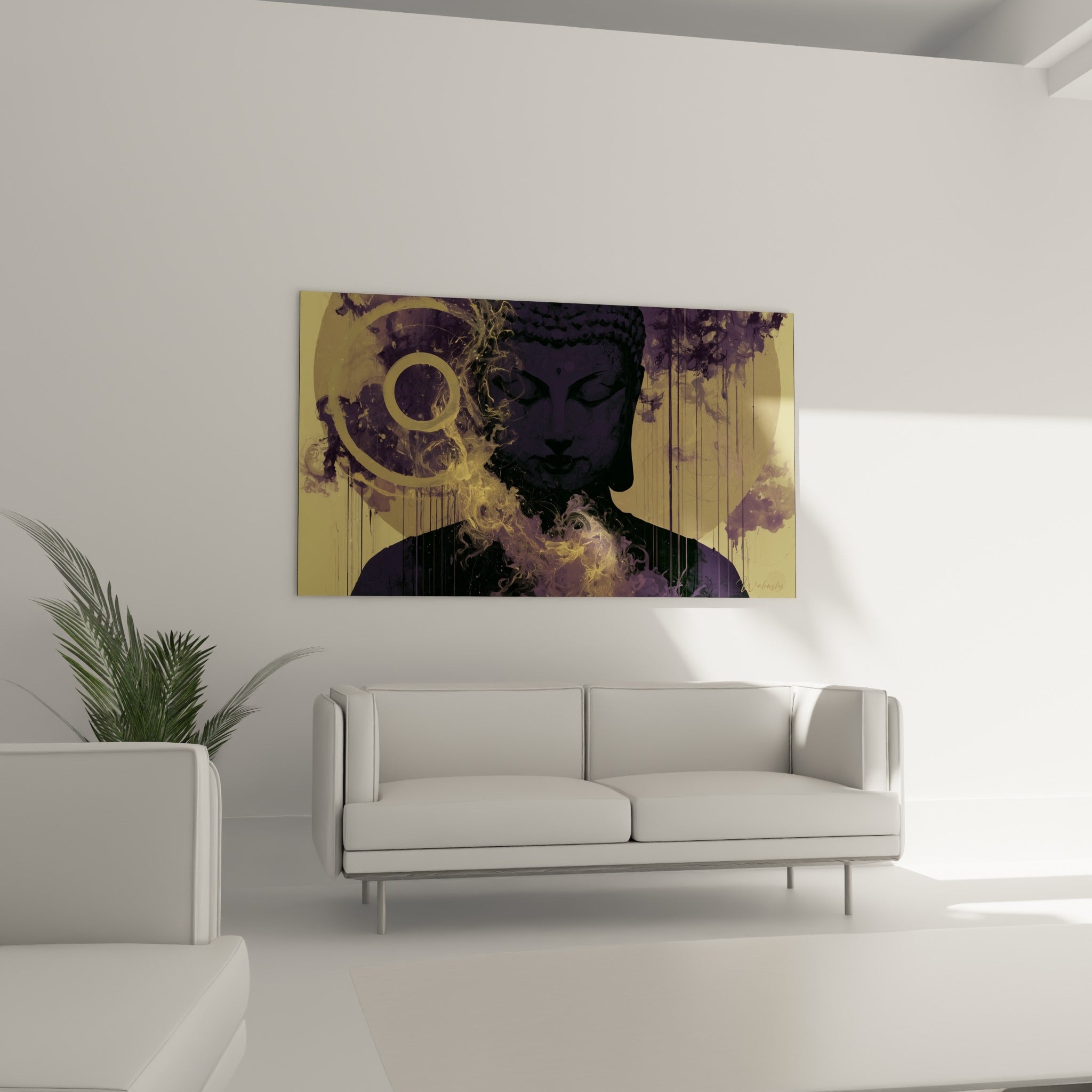 Silhouette de Bouddha entourée de fumée dorée et violette placée au-dessus d'un canapé dans un salon lumineux