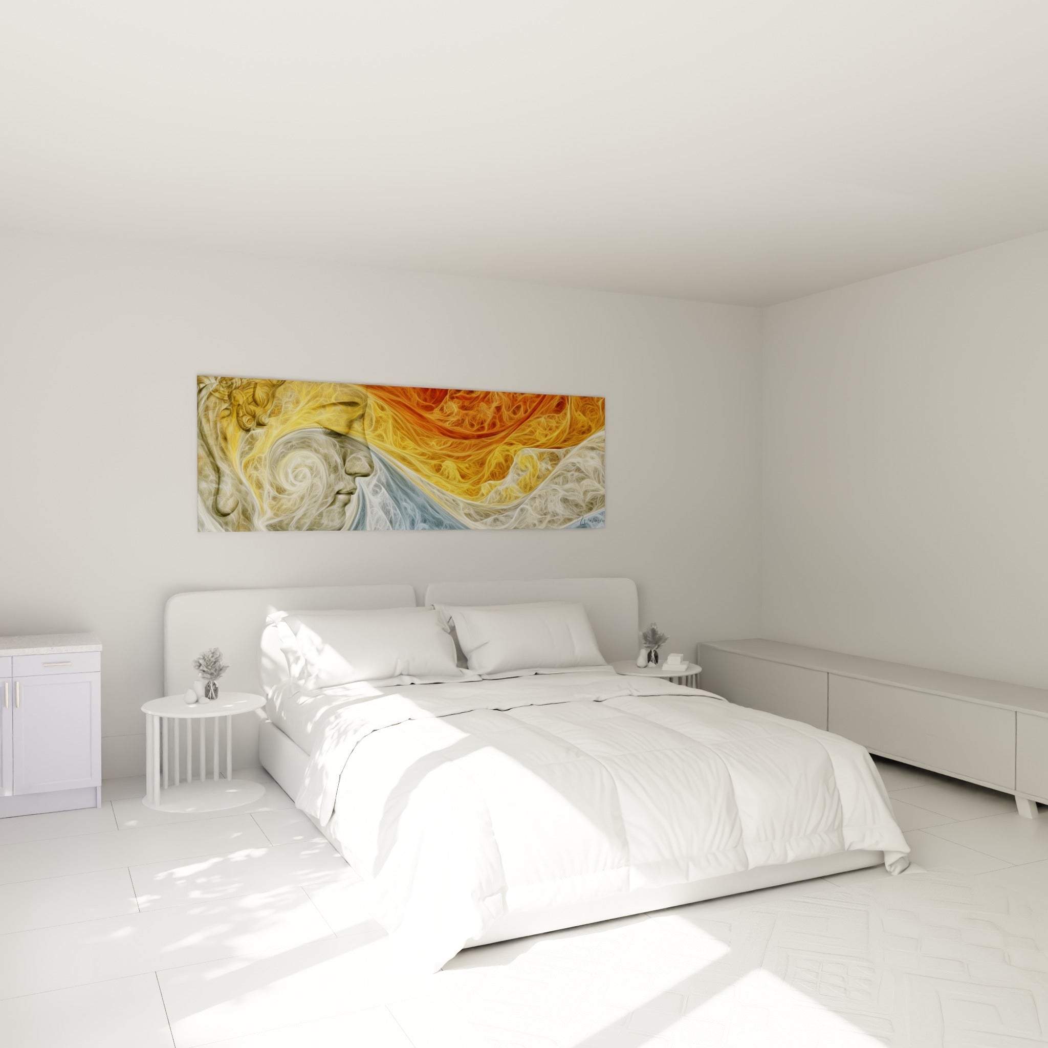 Sérénité du Bouddha en tons dorés et bleu pastel accrochée au-dessus d'un lit dans une chambre claire