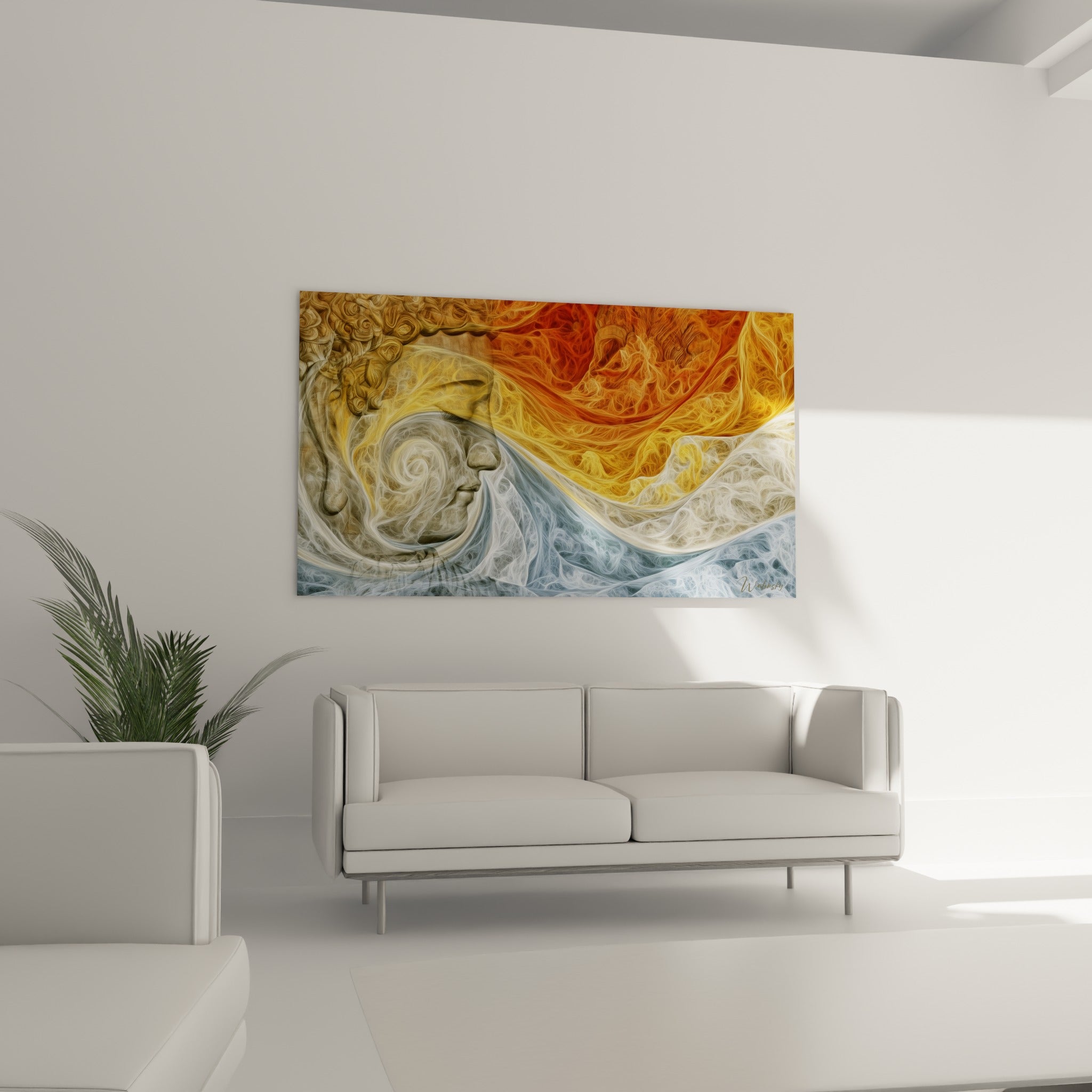 Sérénité tourbillonnante de Bouddha en teintes terracotta et bleu ardoise au-dessus d'un canapé dans un salon lumineux