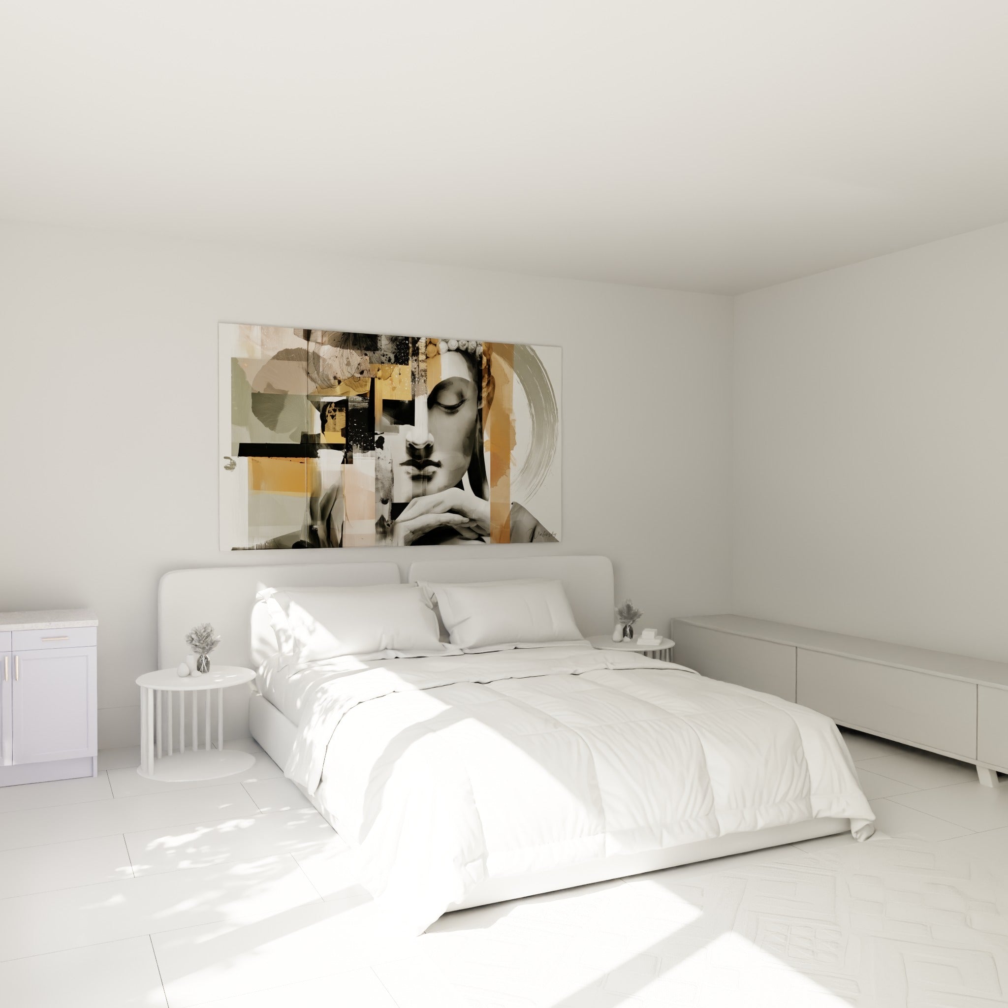 Visage de Bouddha serein en ocre et gris pâle, accroché au-dessus d'un lit dans une chambre claire