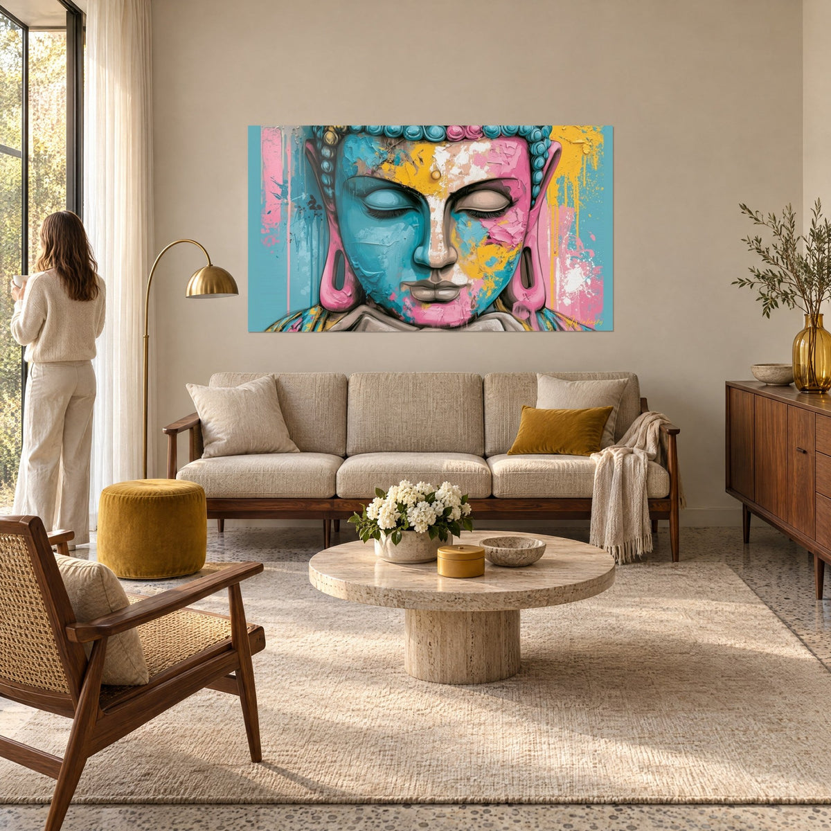 Tableau Bouddha aux paupières closes, visage turquoise et rose éclaboussé d'or, femme de dos, au-dessus d'un canapé dans un salon lumineux