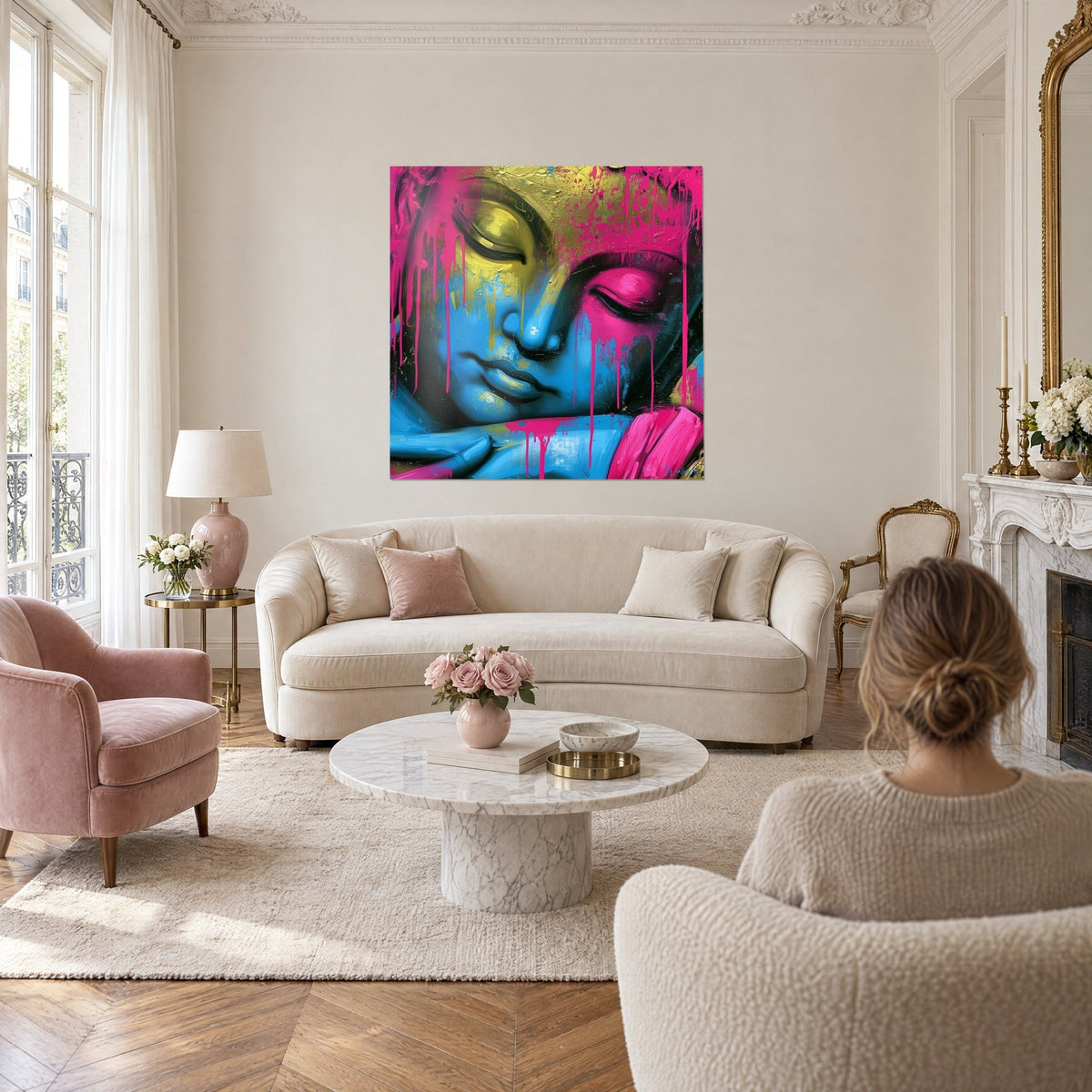 Tableau Bouddha endormi au visage bleu turquoise, coulures roses et or sur le front, au-dessus d'un canapé dans un salon lumineux