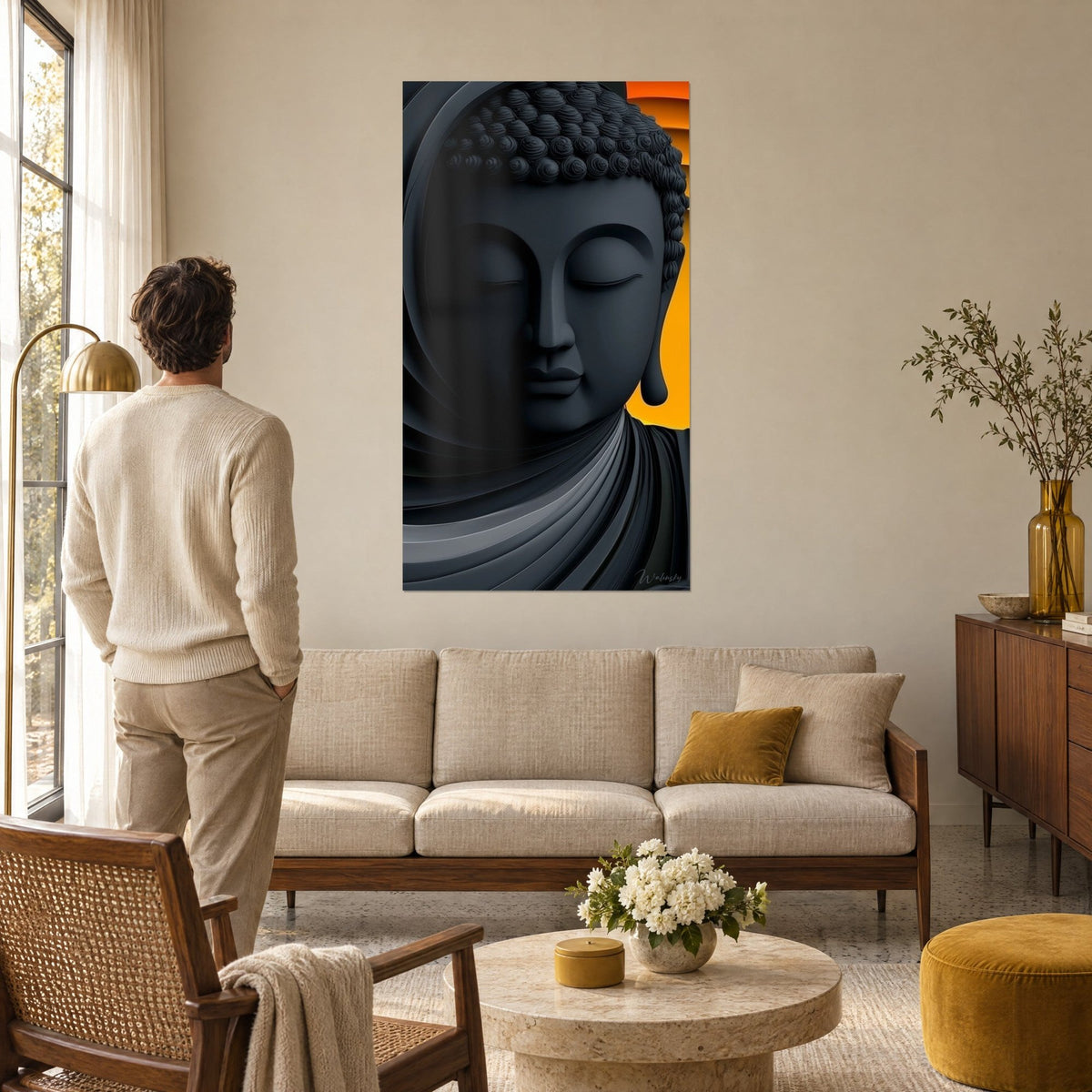 Tableau visage de Bouddha anthracite aux paupières closes et fond orange, un homme de dos, au-dessus d'un canapé dans un salon lumineux