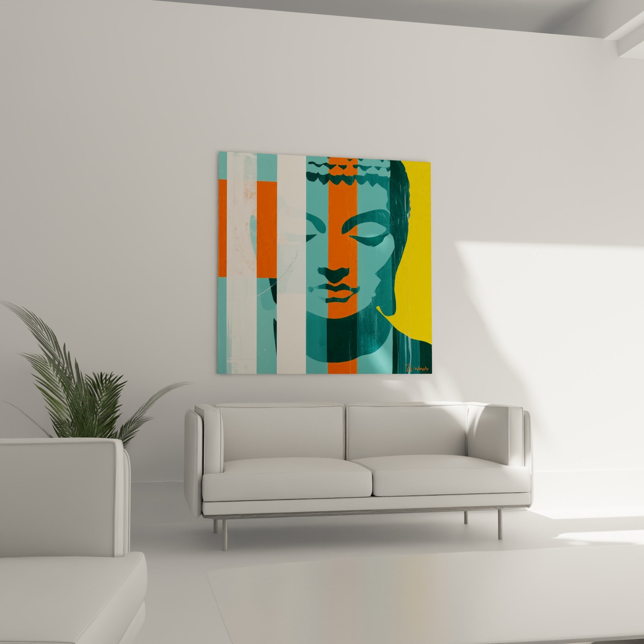 Portrait serein du Bouddha en jaune et bleu-vert au-dessus d'un canapé dans un salon lumineux