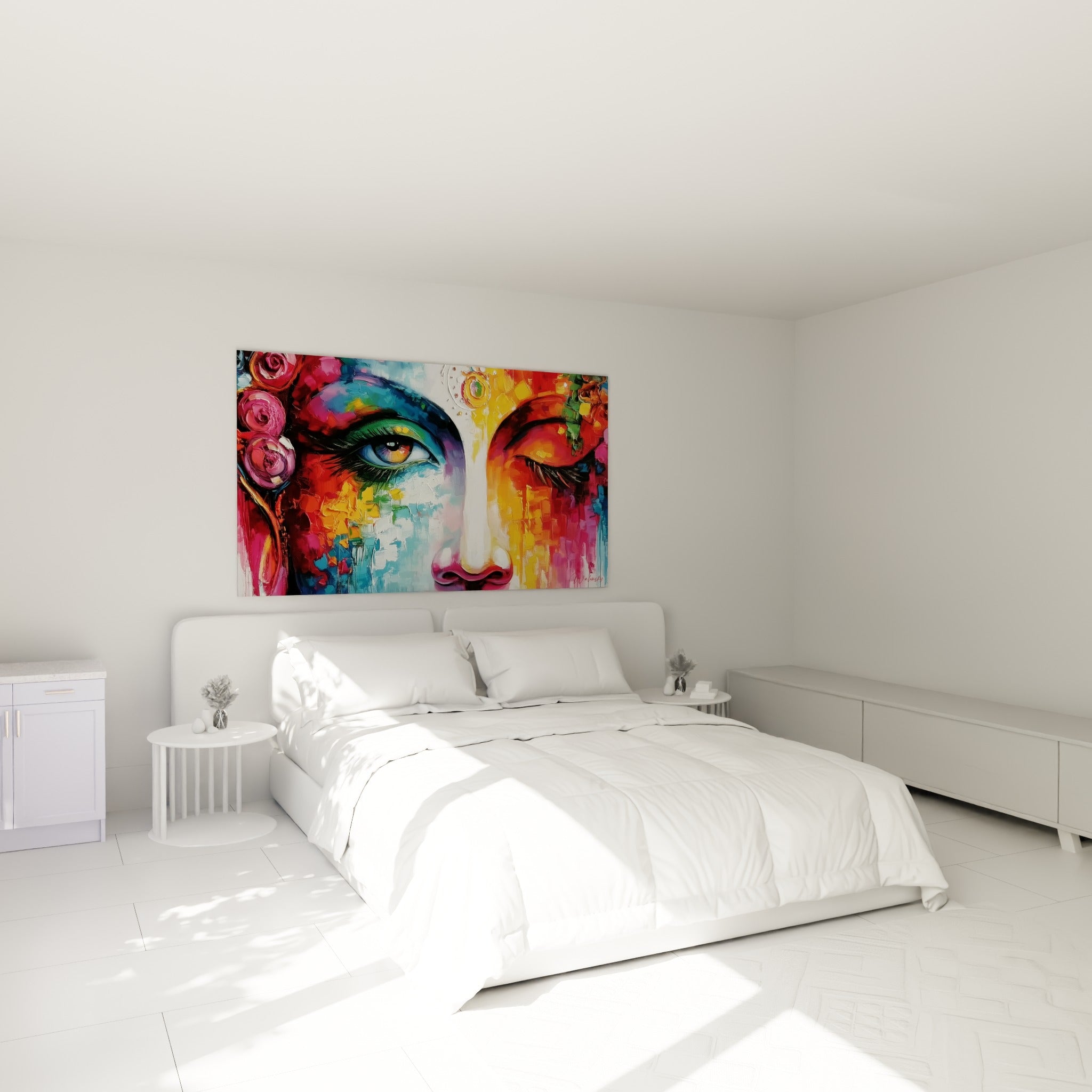 Bouddha peint en bleu et orangé, regard mi-clos, au-dessus d'un lit dans une chambre claire