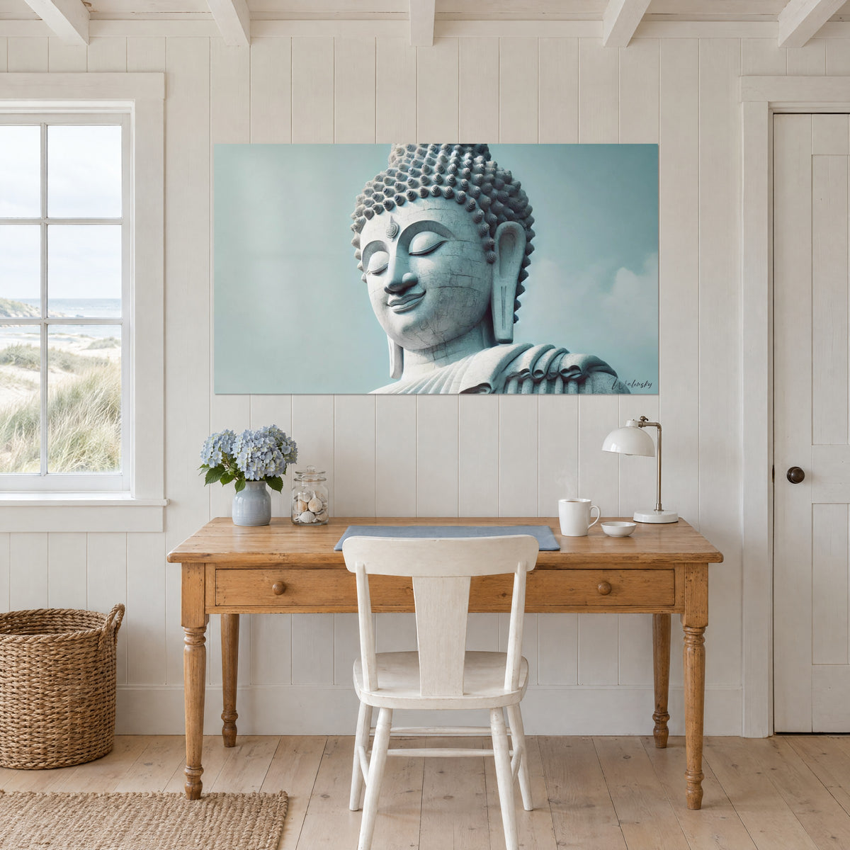 Quadro scultura zen con capelli ricci, spalla bianca drappeggiata e sfondo azzurro intenso, sopra una scrivania in legno chiaro