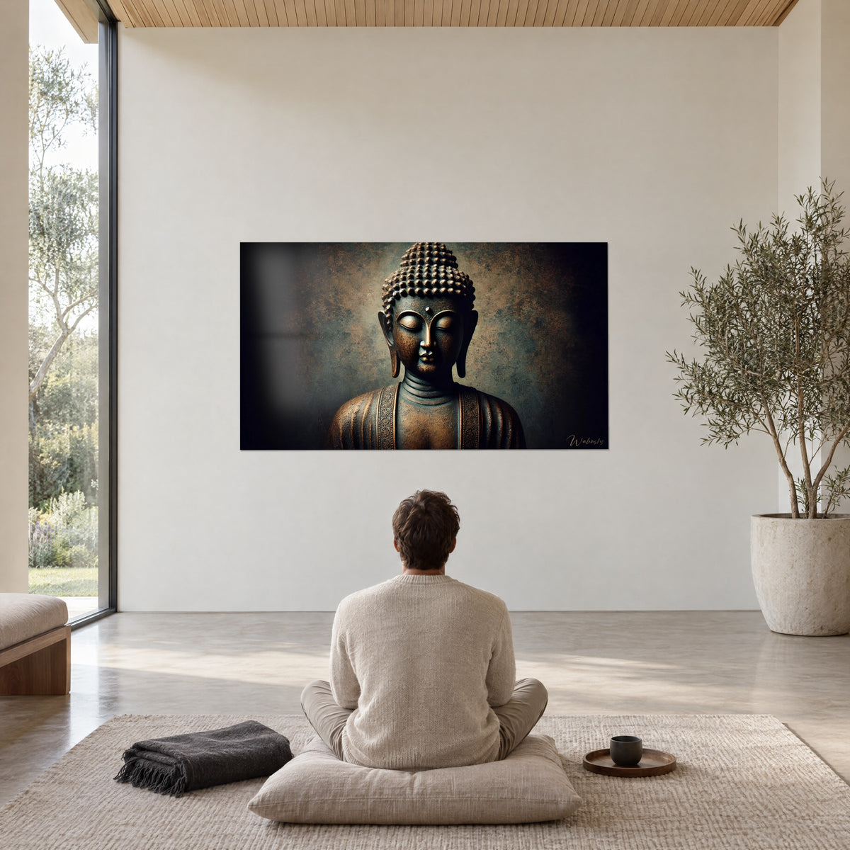 Πίνακας γλυπτό zen με χαμηλωμένο βλέμμα, σκουριασμένος μπρούντζος σε σκούρο φόντο, άτομο από πλάτης καθισμένο σε διαλογισμό πάνω σε κρεμ μαξιλάρι