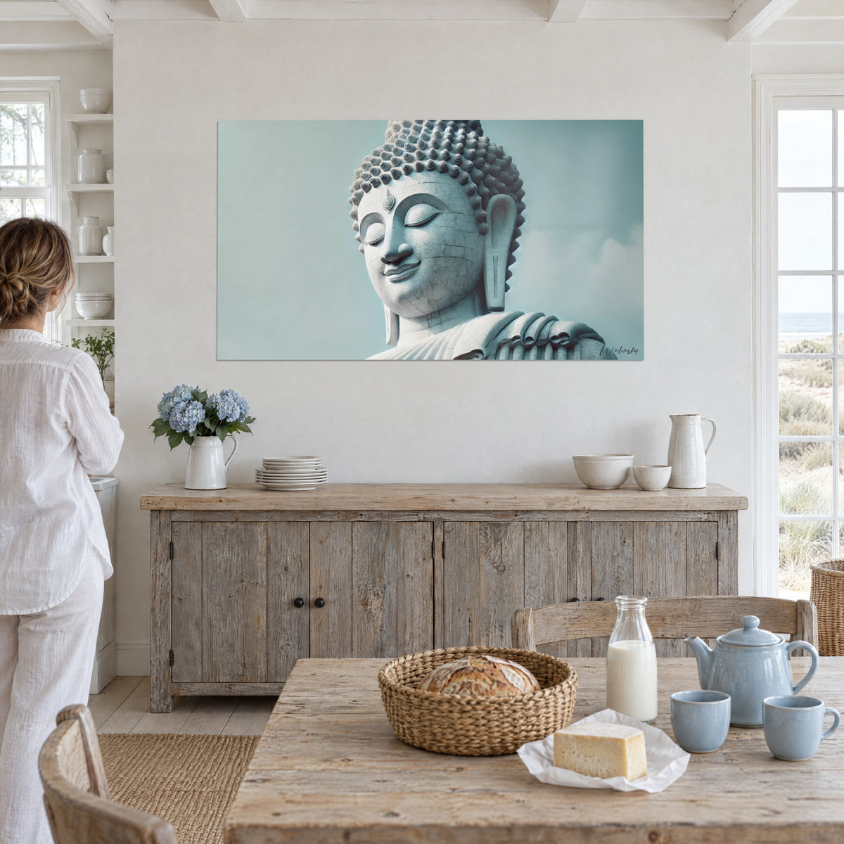 Quadro Buddha gigante con un punto in rilievo sulla fronte, nuvole bianche e cielo turchese pallido, pareti bianche, casa al mare