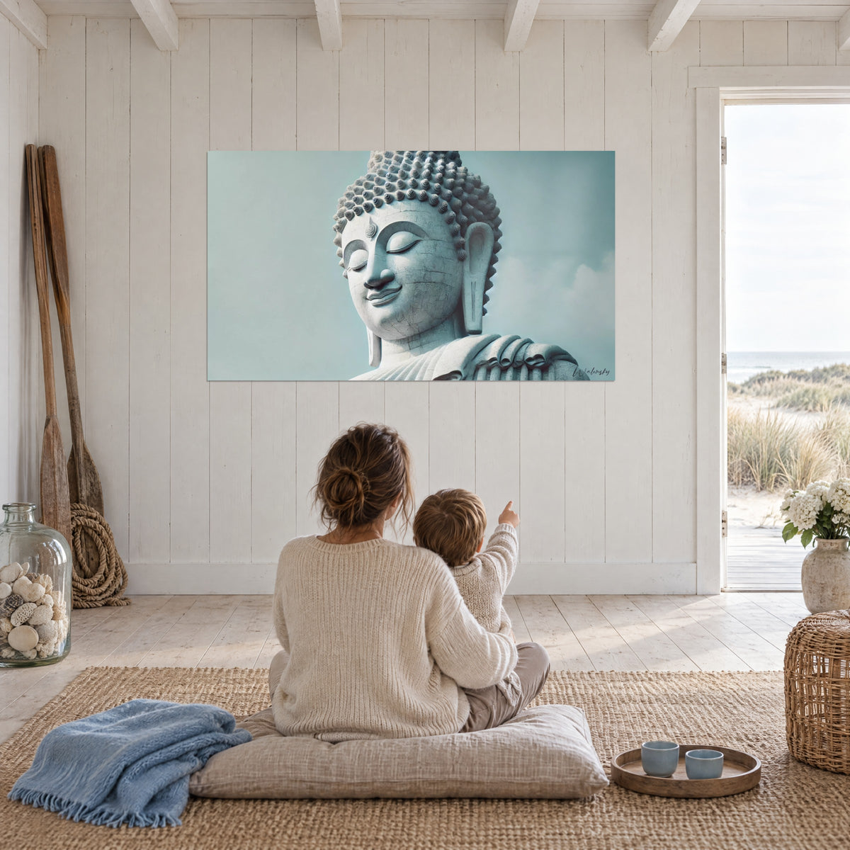 Quadro effigie serena con un grande lobo dell'orecchio, azzurro pastello e bianco gesso, di fronte a una sala luminosa vicino alle dune