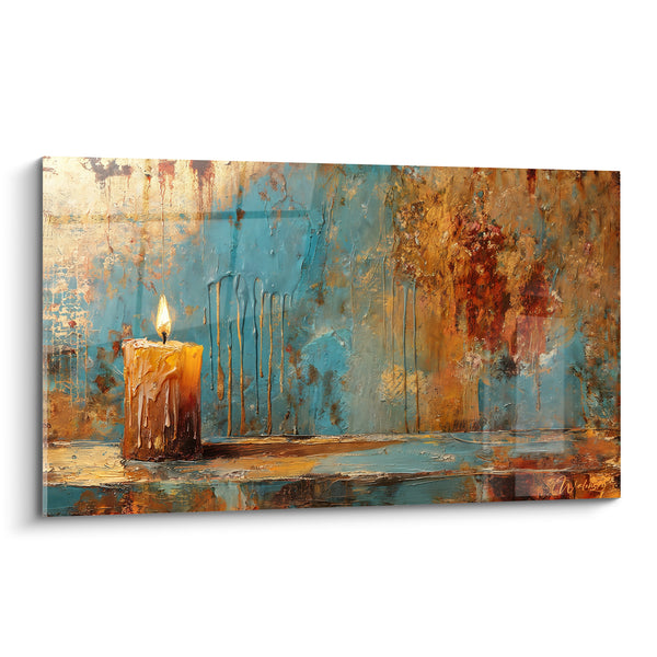Tableau Bougie brune et turquoise sur mur rouillé - Coulures verticales figées - Edition Bougie