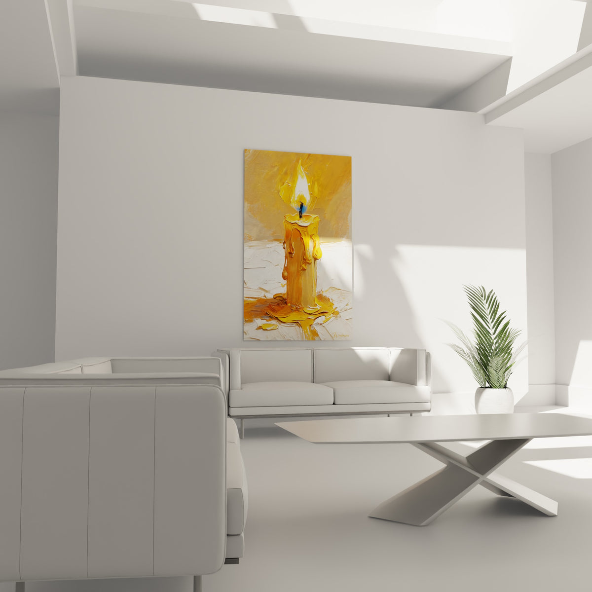 Cire jaune et blanche d'une bougie en relief, accrochée au-dessus d'un canapé dans un salon lumineux