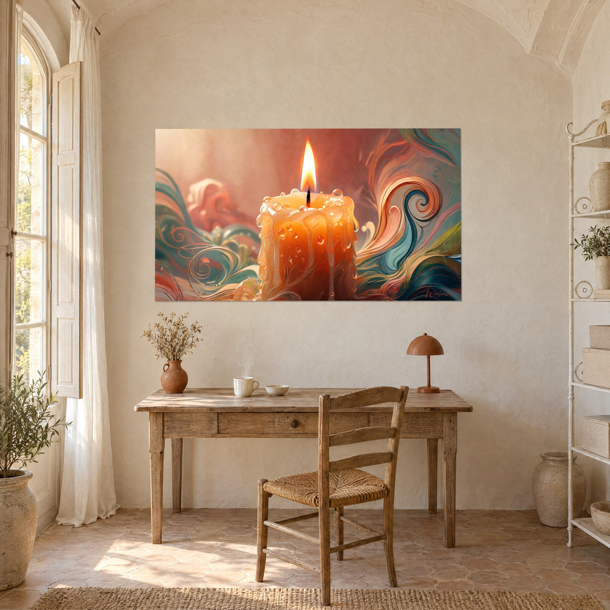 Tableau cierge fondu aux gouttelettes d'ambre, tourbillons sarcelle et saumon, accroché sur le mur d'un bureau en bois clair