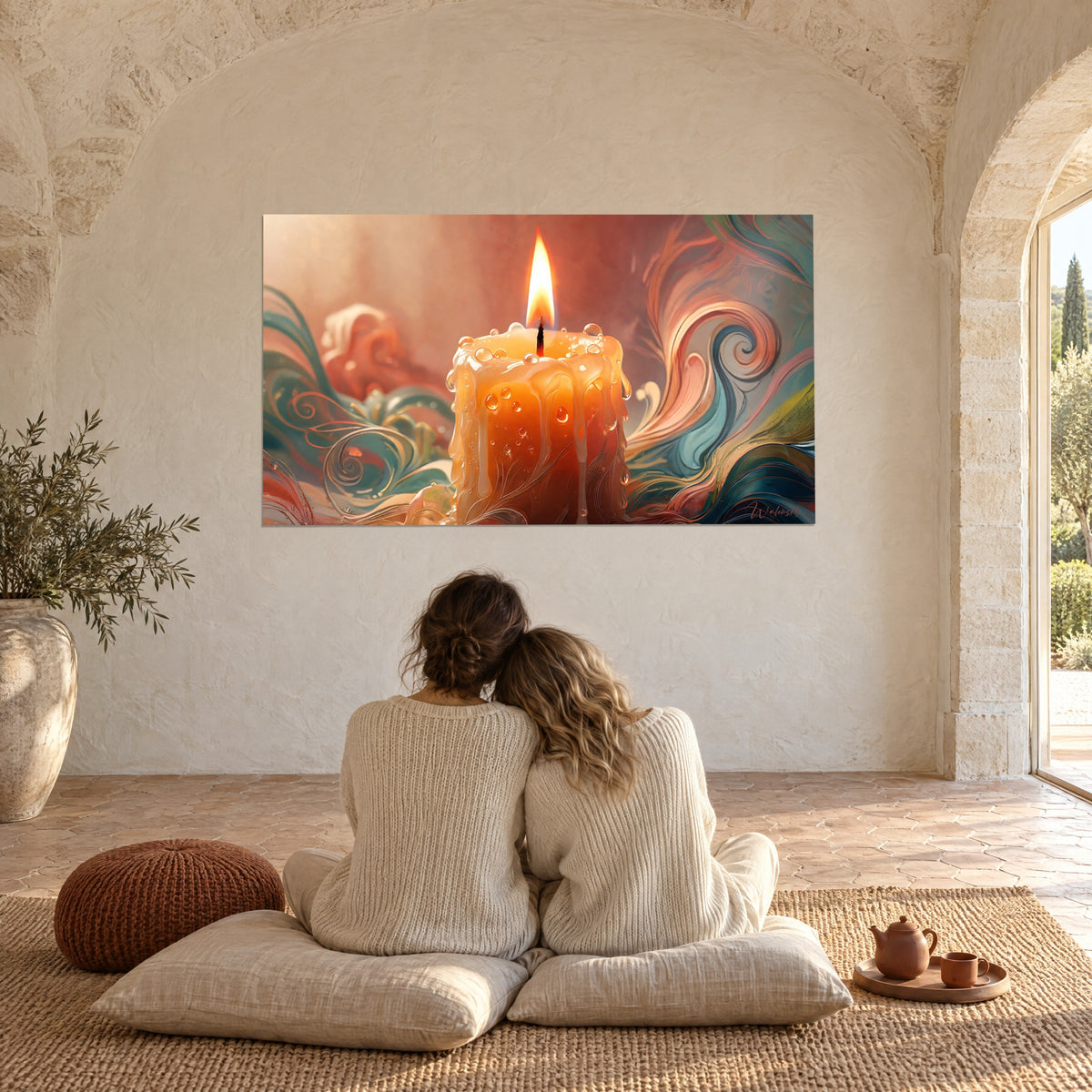 Tableau lueur d'une bougie sur fond de rubans corail et turquoise, couple enlacé de dos sur des coussins crème du mas
