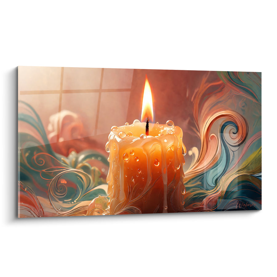 Tableau Bougie ambrée aux volutes turquoise et corail - Rêverie enflammée - Edition Bougie