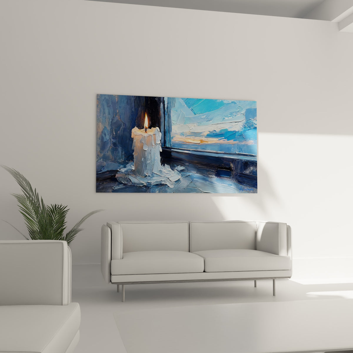 Bougie fondue et fenêtre bleu pastel peintes au couteau au-dessus d'un canapé dans un salon lumineux