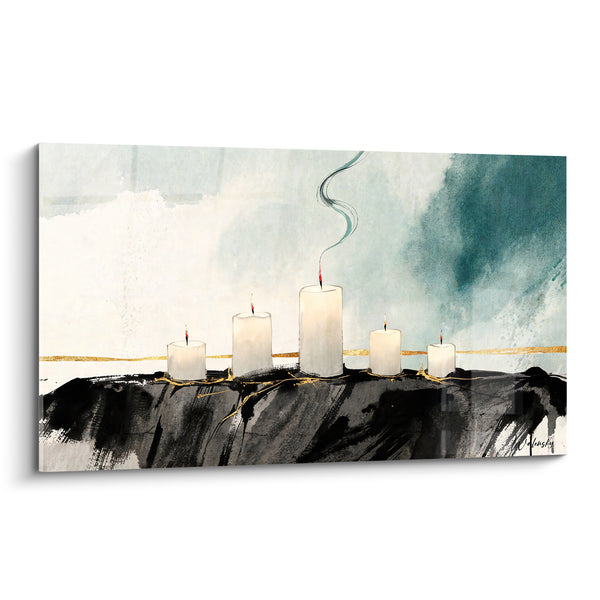 Tableau Cinq bougies blanches sur promontoire noir encre - Trait doré horizontal - Edition Bougie