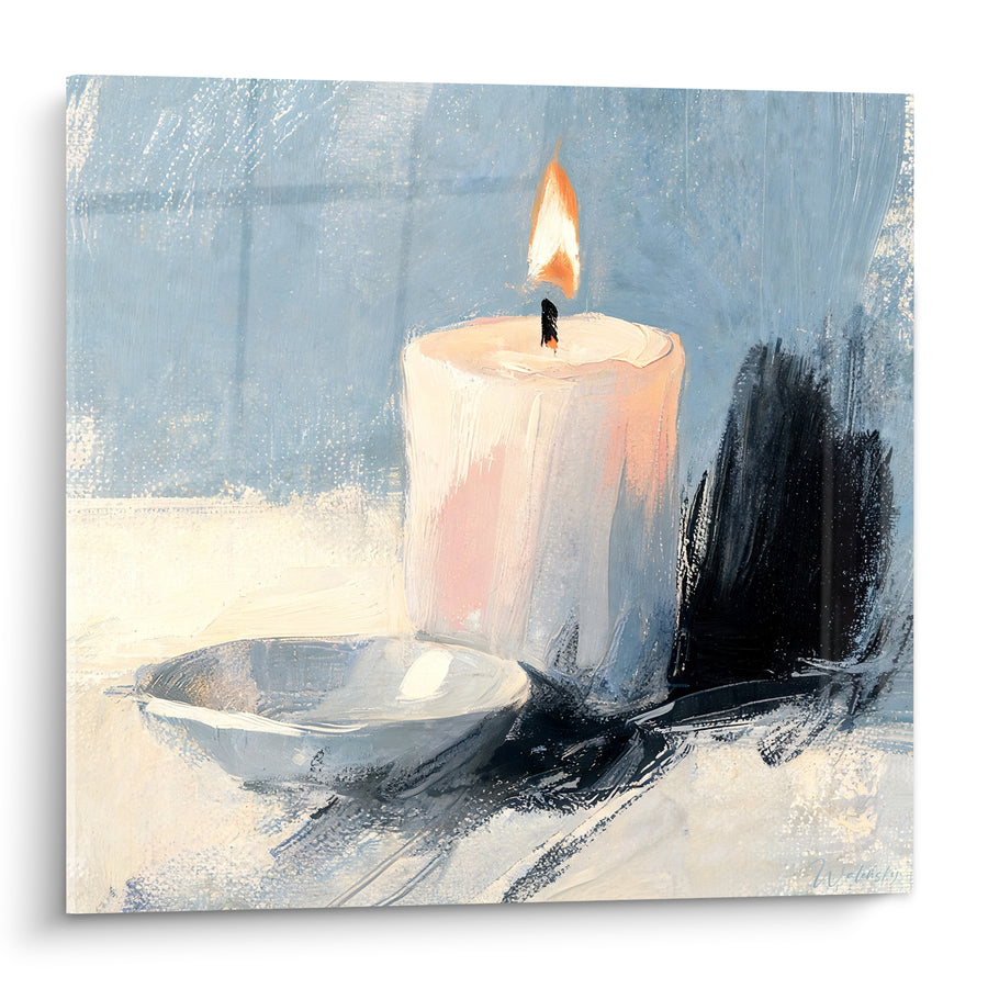 Tableau Bougie blanche et bleue près d'un bol argenté - Ombre noire portée - Edition Bougie