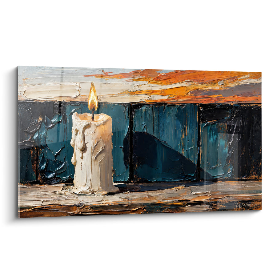 Tableau Bougie ivoire et bleu pétrole devant panneaux texturés - Ciel orangé strié - Edition Bougie