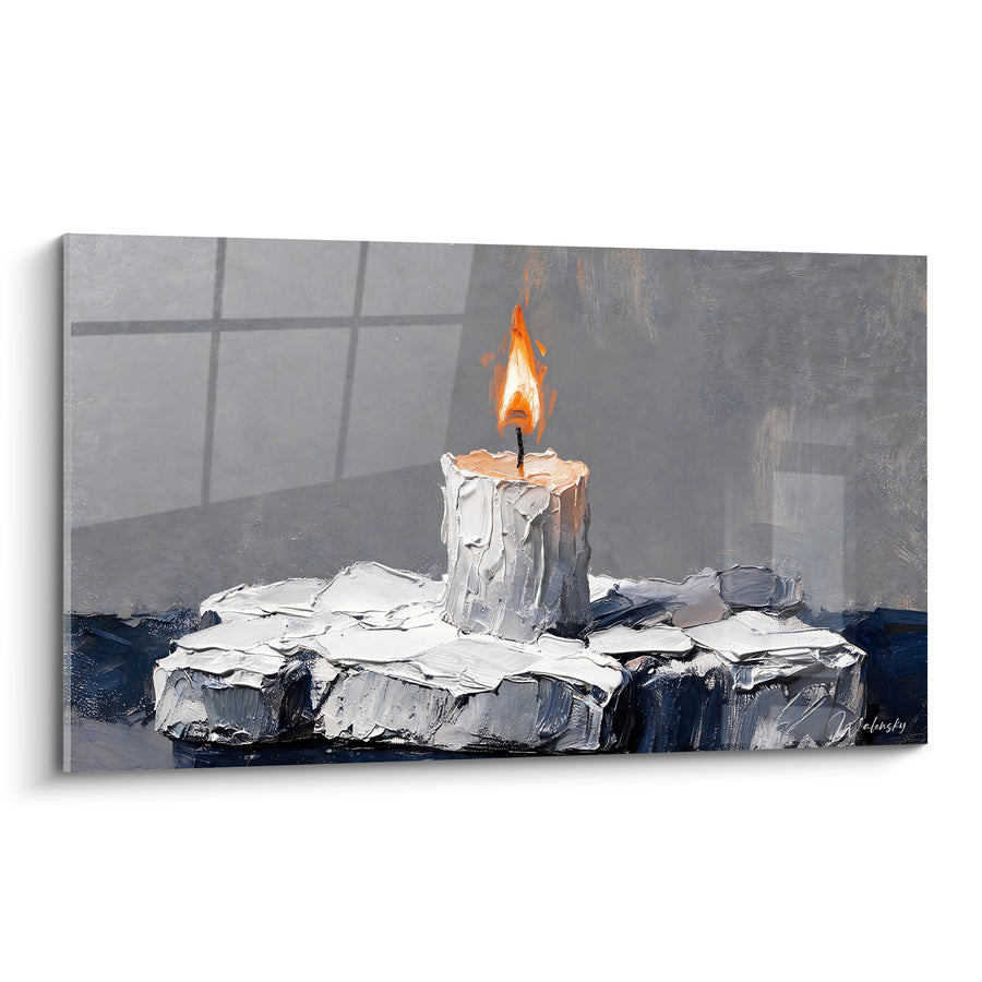 Tableau Bougie blanche et grise sur socle de cire figée - Ombre de fenêtre - Edition Bougie