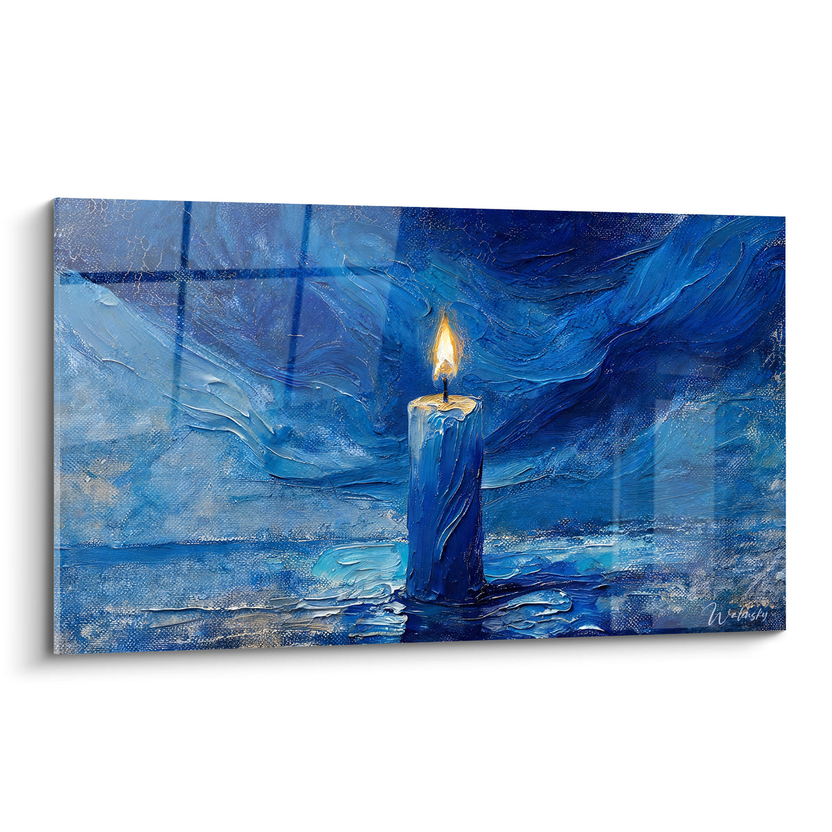 Bougie bleu marine à la flamme dorée, peinture en larges empâtements texturés