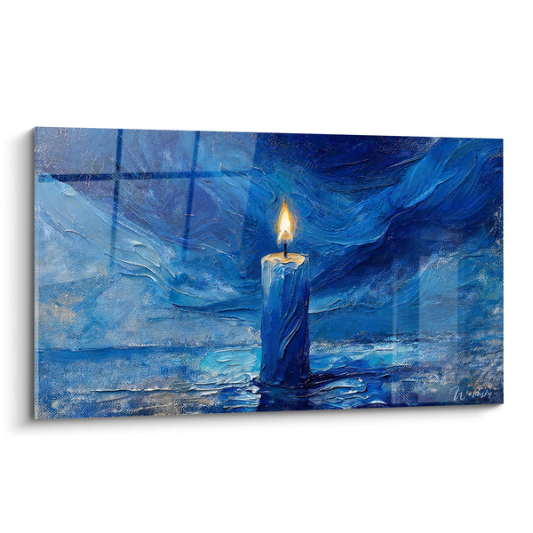 Tableau Bougie bleu marine et blanche devant croisillons de fenêtre - Rafales de peinture - Edition Bougie