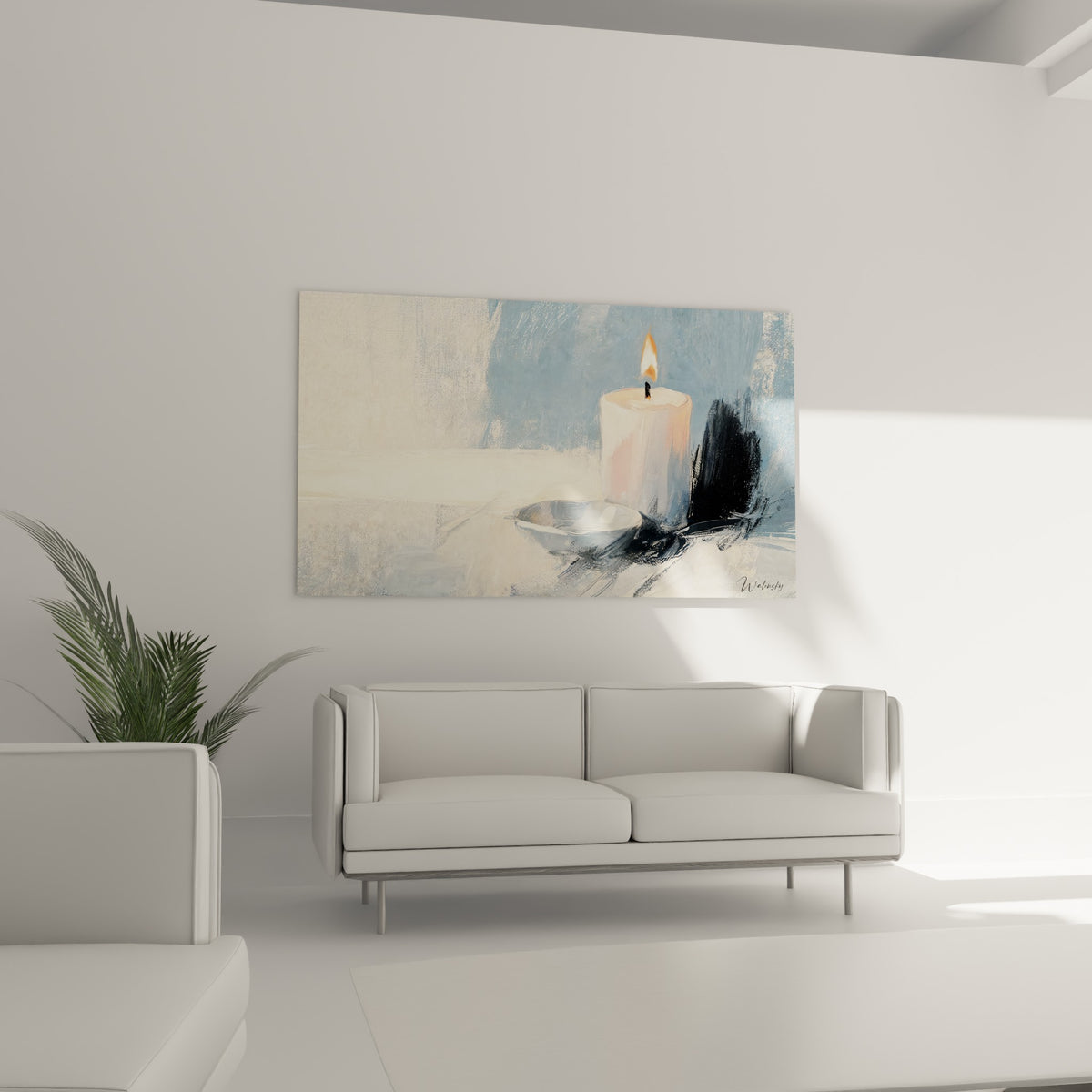 Cire blanche éclairée par la flamme, teintes bleu pastel, au-dessus d'un canapé dans un salon lumineux