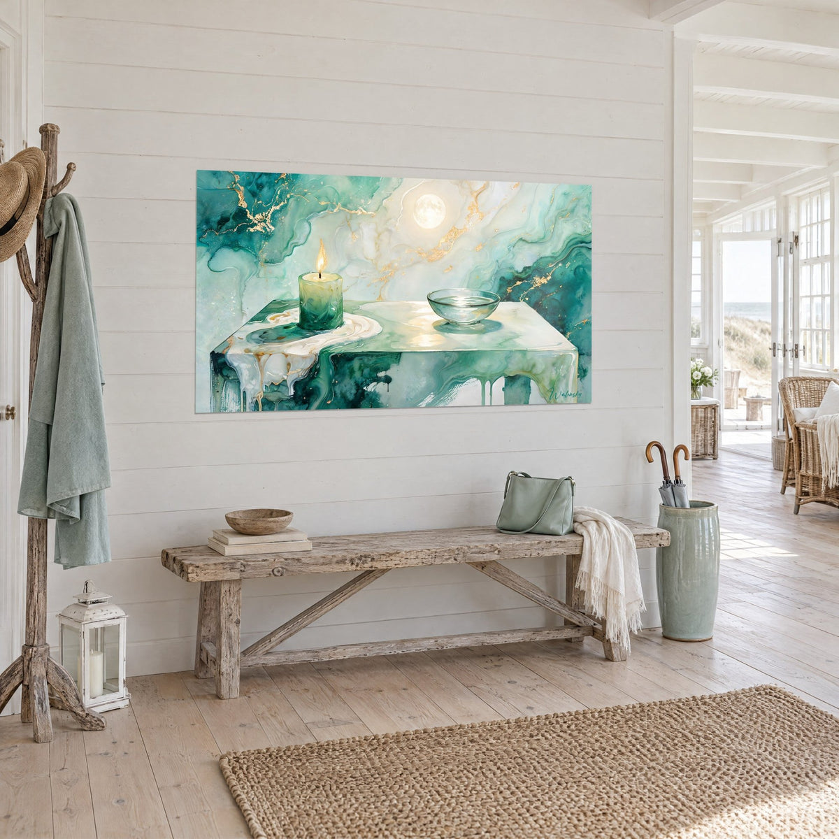 Wall art with a lit green candle under an ivory full moon, turquoise and ivory streaks, three-quarter view in a light entrance hall