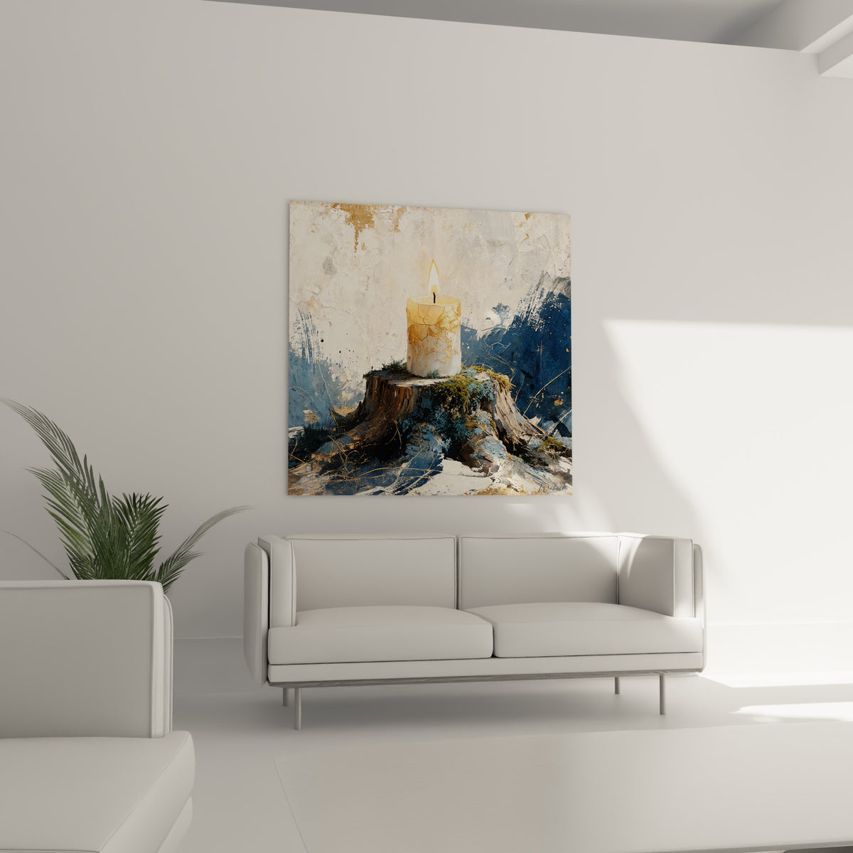 Cire blanche fissurée et flamme vive surplombant un canapé dans un salon lumineux