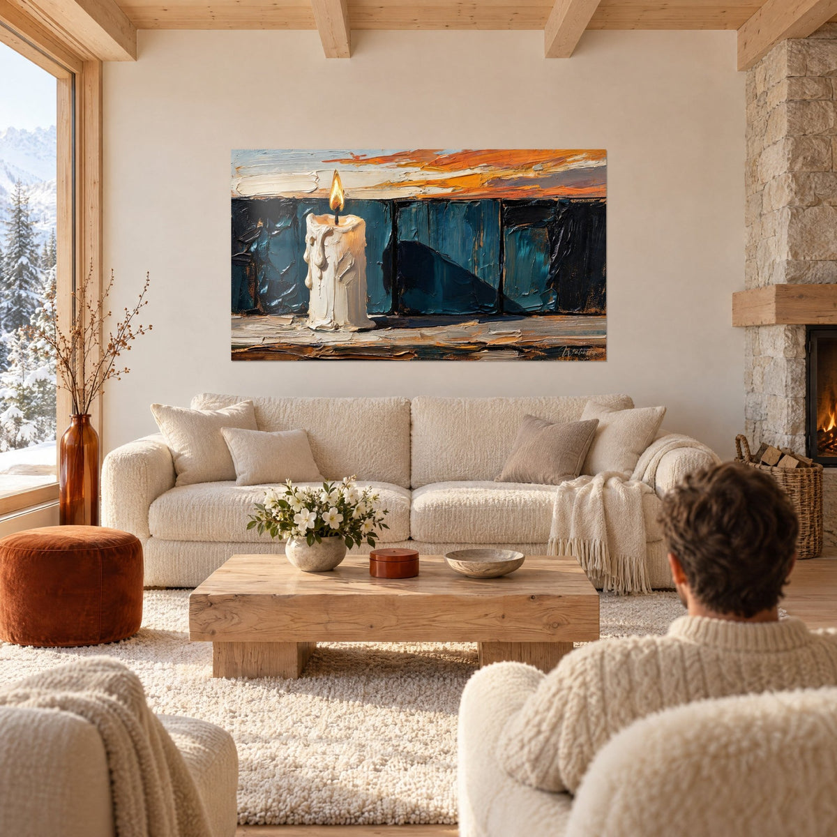 Tableau bougie ivoire à la flamme dorée, coulures de cire, ciel orangé strié, au-dessus d'un canapé dans un salon lumineux