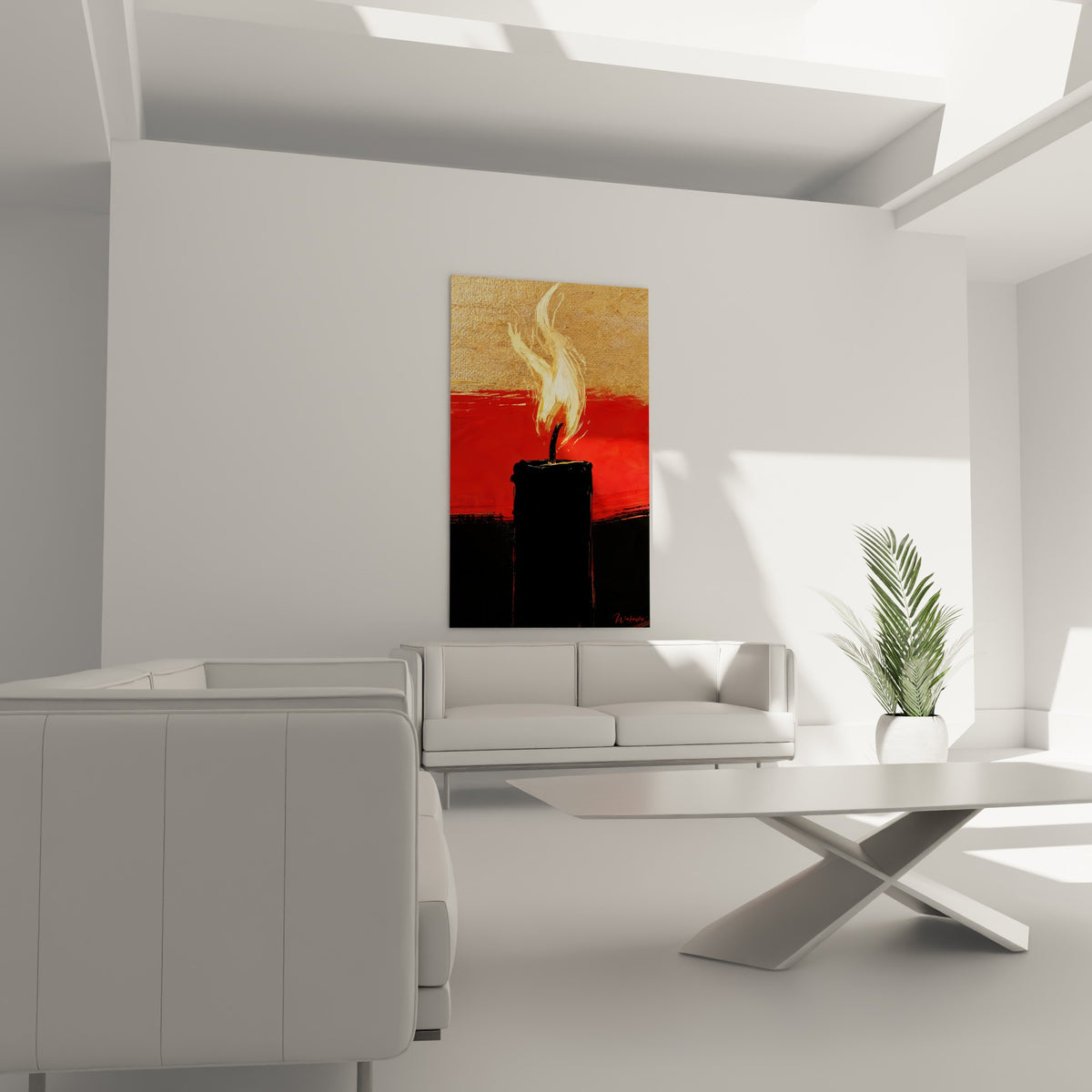Cire noire et lueur rouge d'une bougie peinte, disposée au-dessus d'un canapé dans un salon lumineux