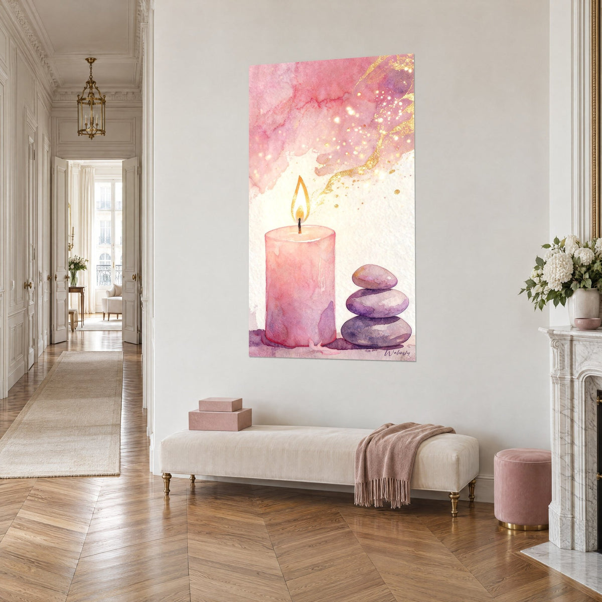 Gemälde Korallenrosa Kerzenbild in Aquarell, bernsteinfarbene Flamme, drei lila Kieselsteine, goldschimmernde rosa Wolken, Dreiviertelansicht, Haussmann-Eingangsbereich