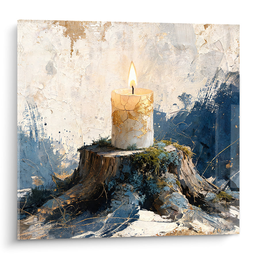 Tableau Bougie blanche craquelée sur souche moussue - Veille silencieuse - Edition Bougie