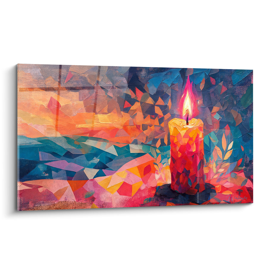 Tableau Bougie rouge et bleu facettes cubistes - Éclat du crépuscule - Edition Bougie