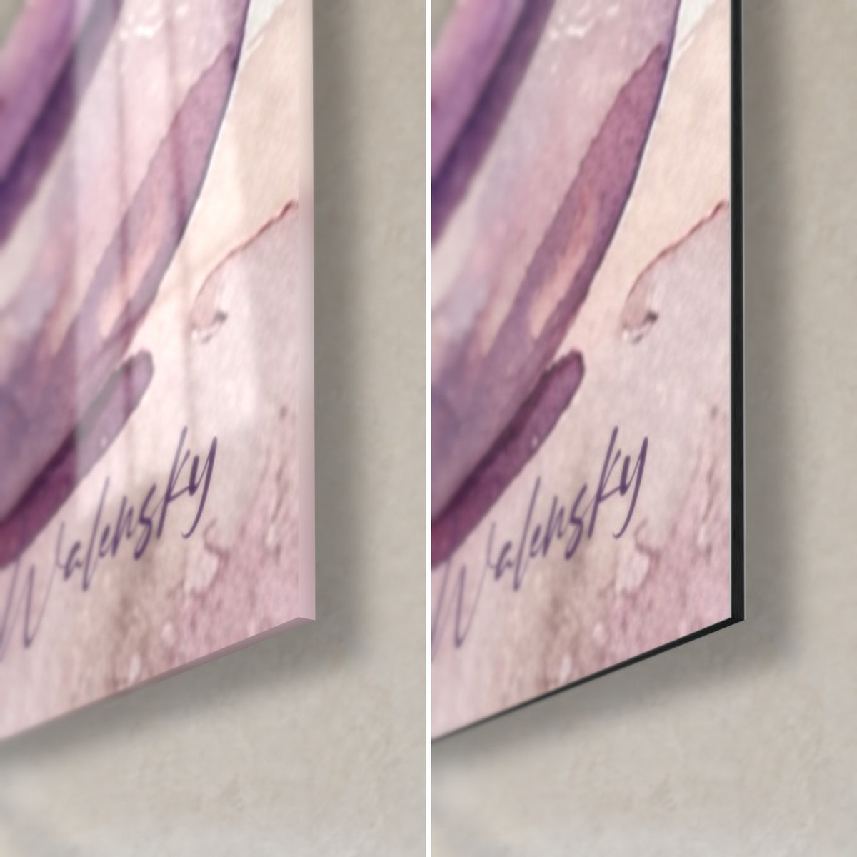 Tableau bougie rose et galets mauves, coin bas droit : verre acrylique brillant à gauche, Dibond noir mat à droite, signature Walensky