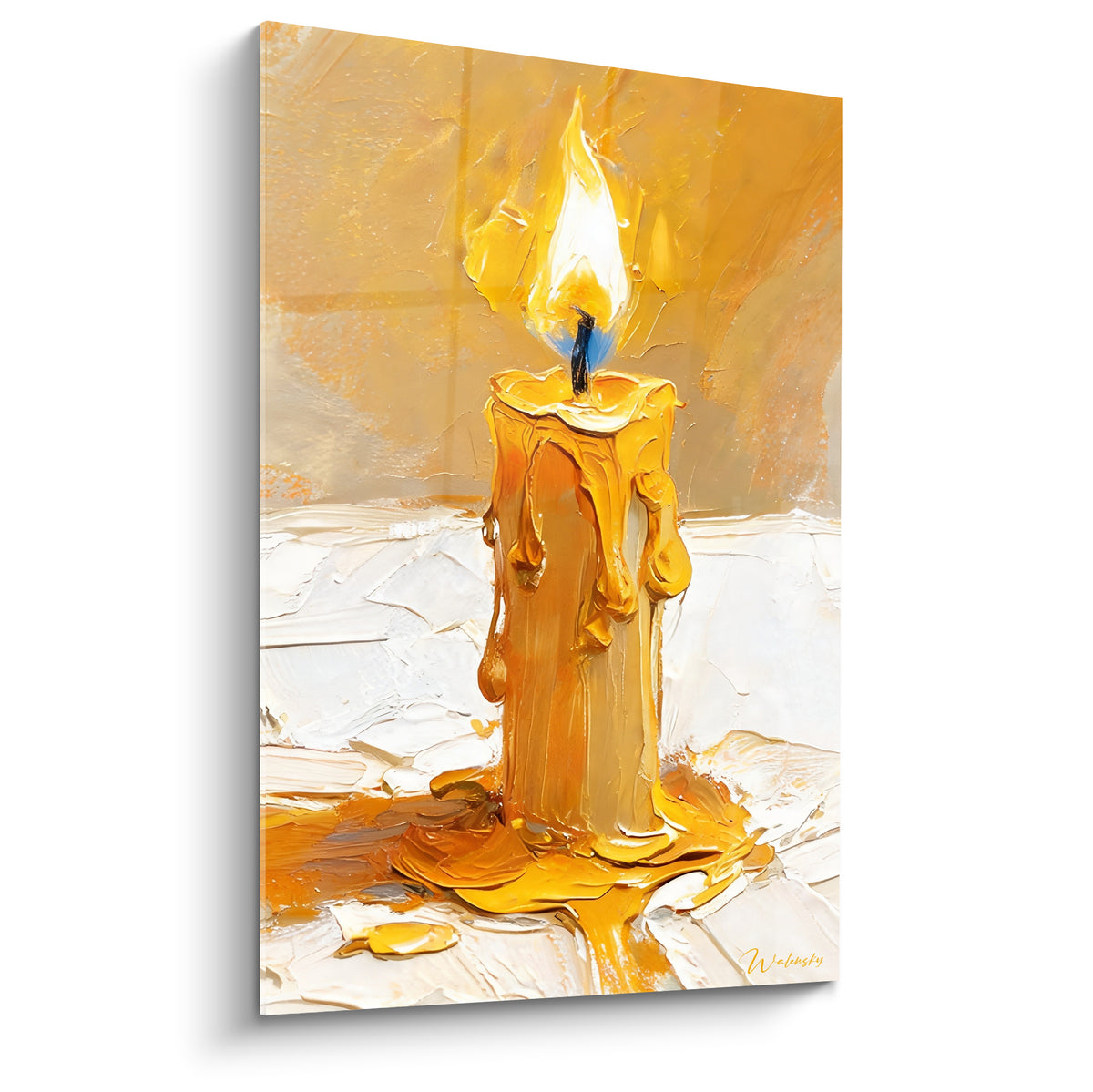 Bougie dorée à la cire coulante et flamme blanche vive peinte en relief sur fond ocre texturé