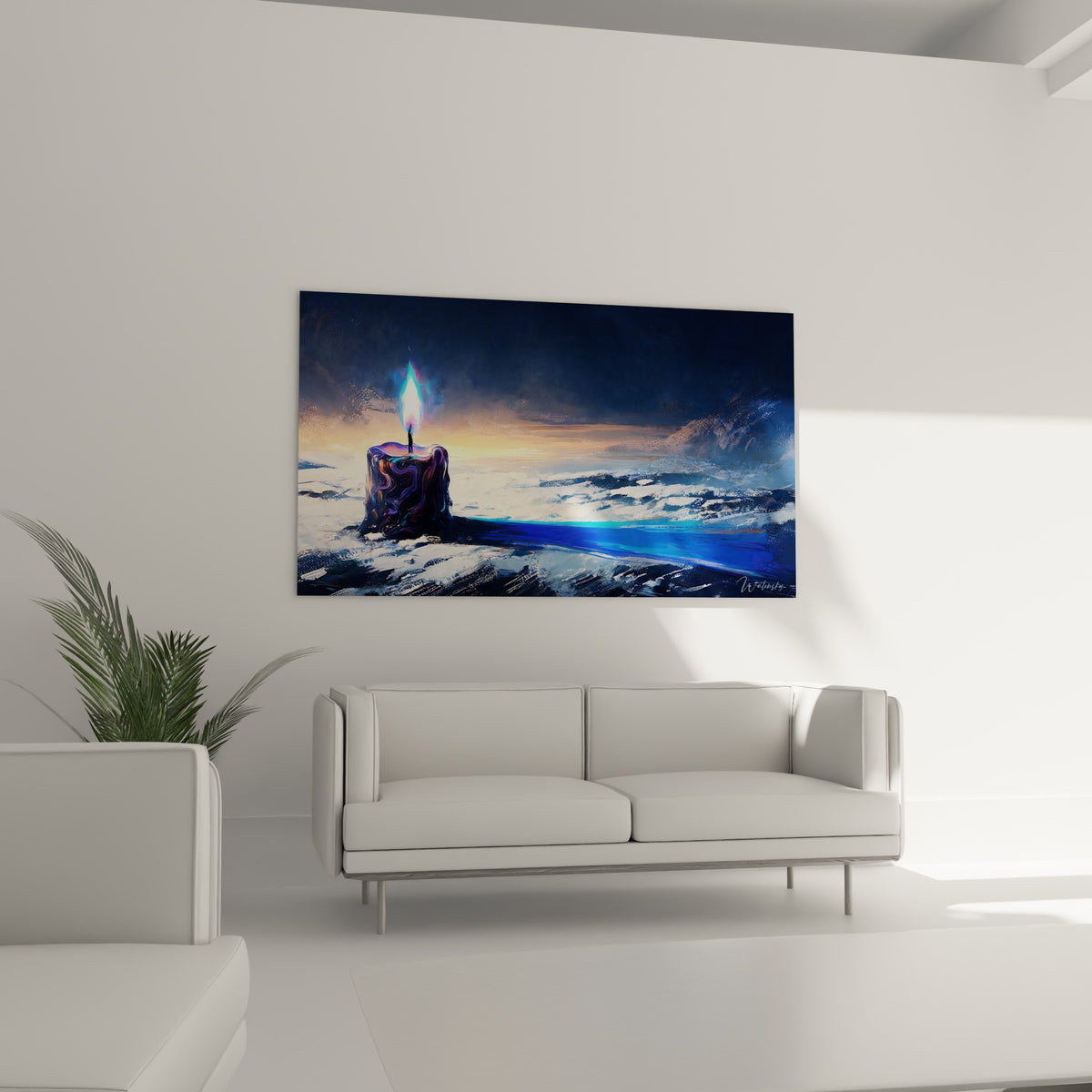 Flamme bleutée et vagues anthracite peintes accrochées au-dessus d'un canapé dans un salon lumineux