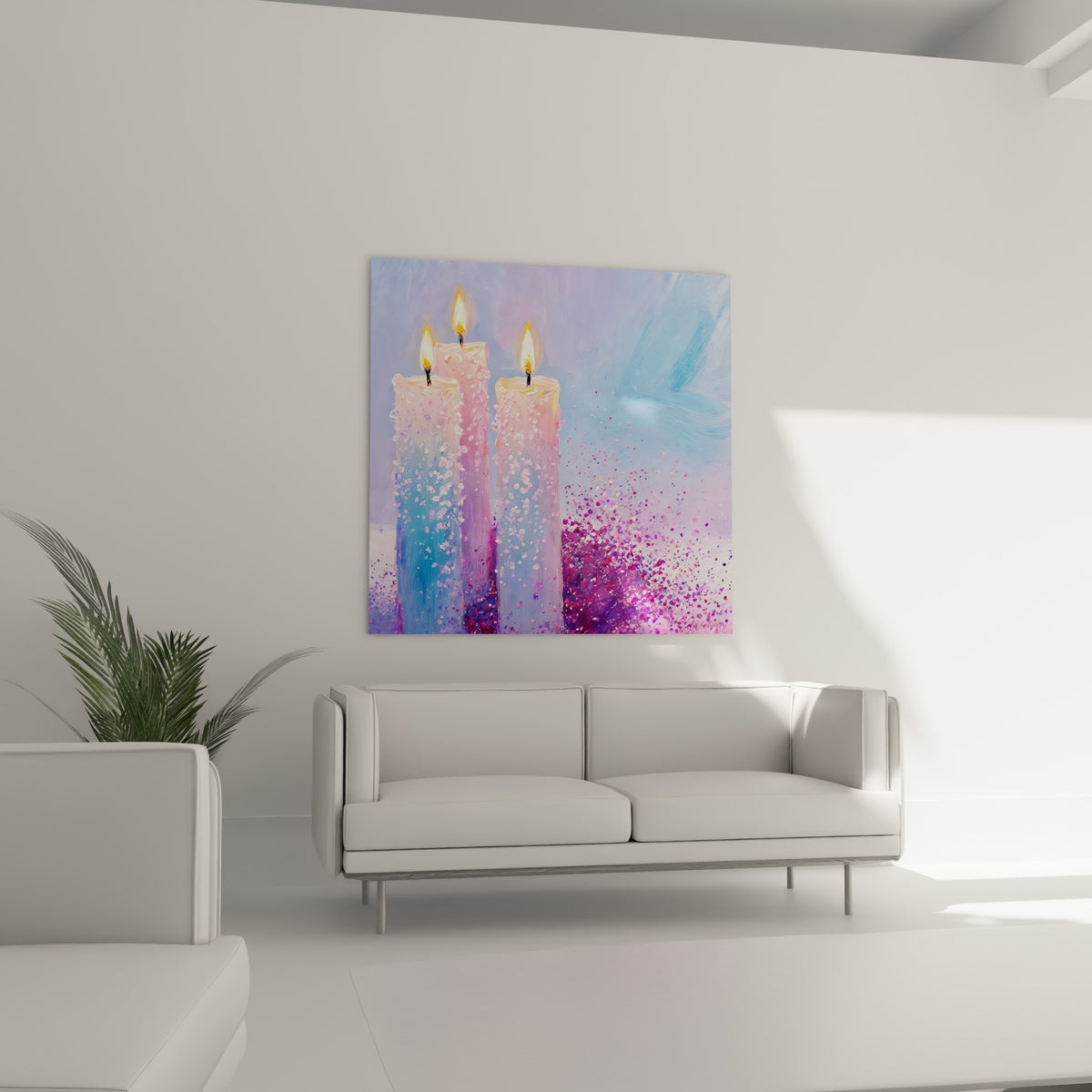 Flammes dorées et matière givrée rose et bleu, tableau bougie au-dessus d'un canapé dans un salon lumineux