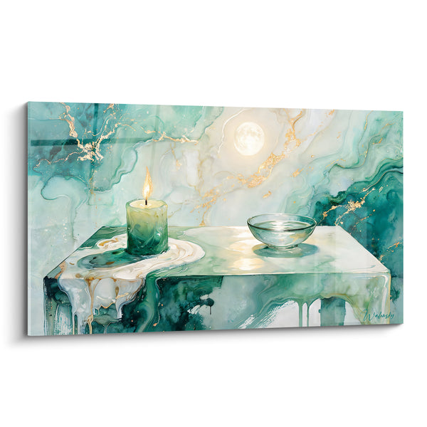 Tableau Bougie allumée sur table émeraude et dorée - Veillée sous la lune - Edition Bougie