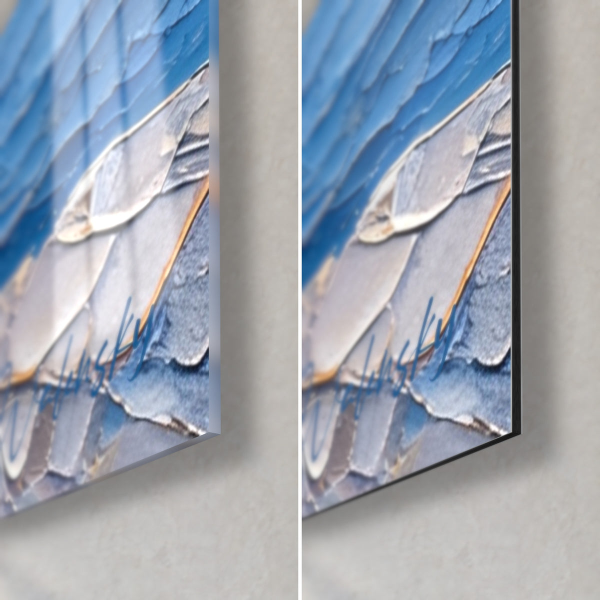 Gemälde elfenbeinfarbene Kerze, untere rechte Ecke: glänzendes Glas links, matt gebürstetes Dibond rechts, blaue und goldene Schuppen
